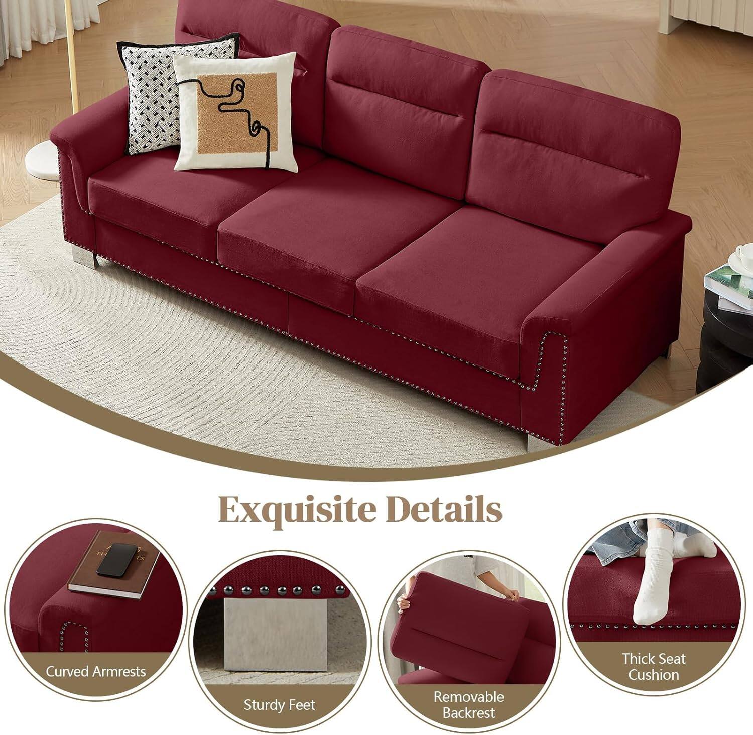 Exquisite Details

- Curved Armrests
- Sturdy Feet
- Removable Backrest
- Thick Seat Cushion