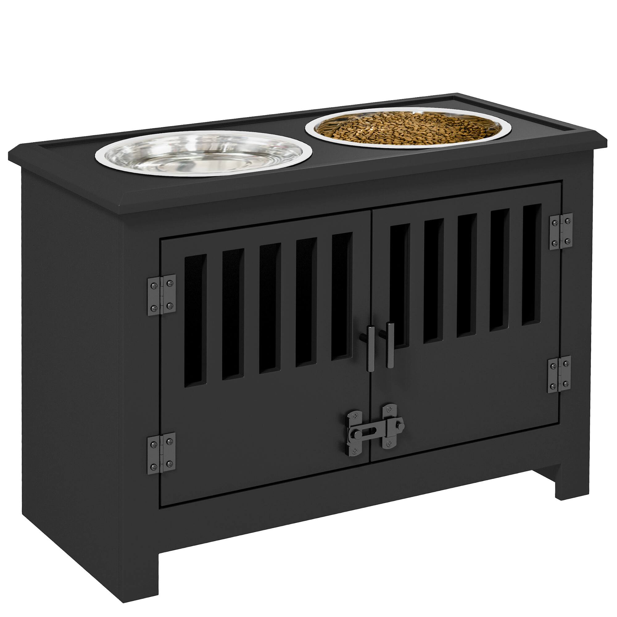 Front. Pawhut - Large Elevated Dog Bowls with Cabinet Containing 37L Capacity, Bowl Stand, Food Bowl, Feeding Station - Black.