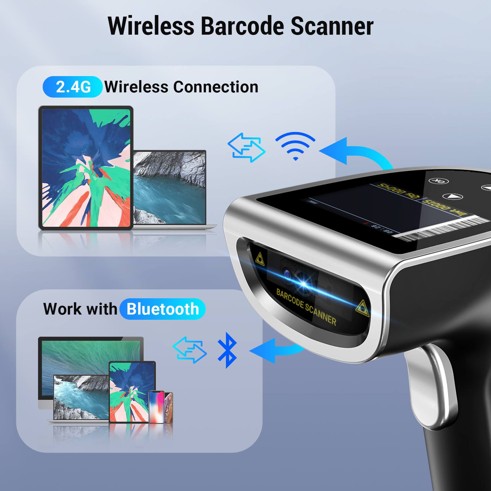 Wireless Barcode Scanner

2.4G Wireless Connection

Work with Bluetooth