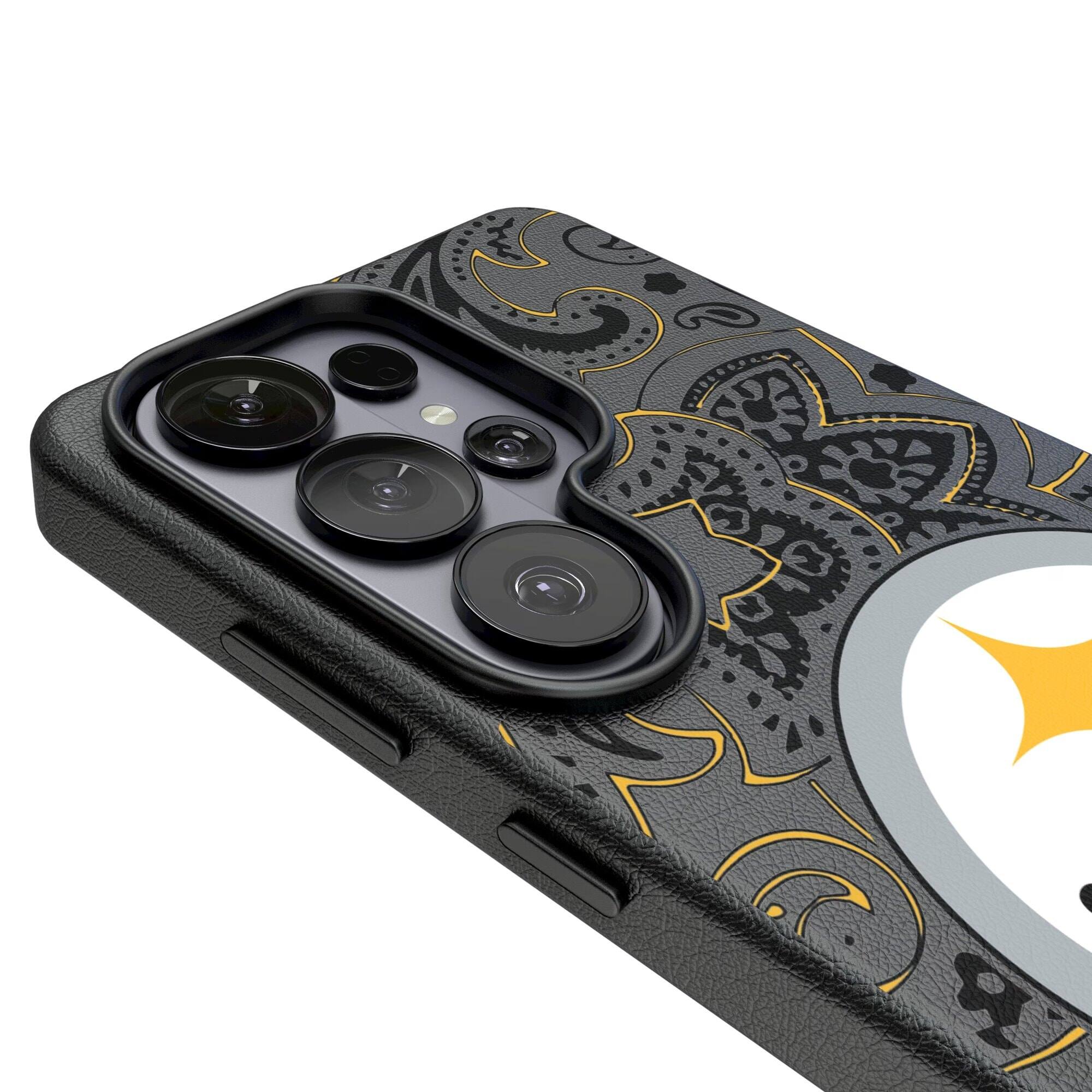 Alt View 2. Keyscaper - Pittsburgh Steelers Paisley Galaxy Magnetic Bump Case - S24 - Black.