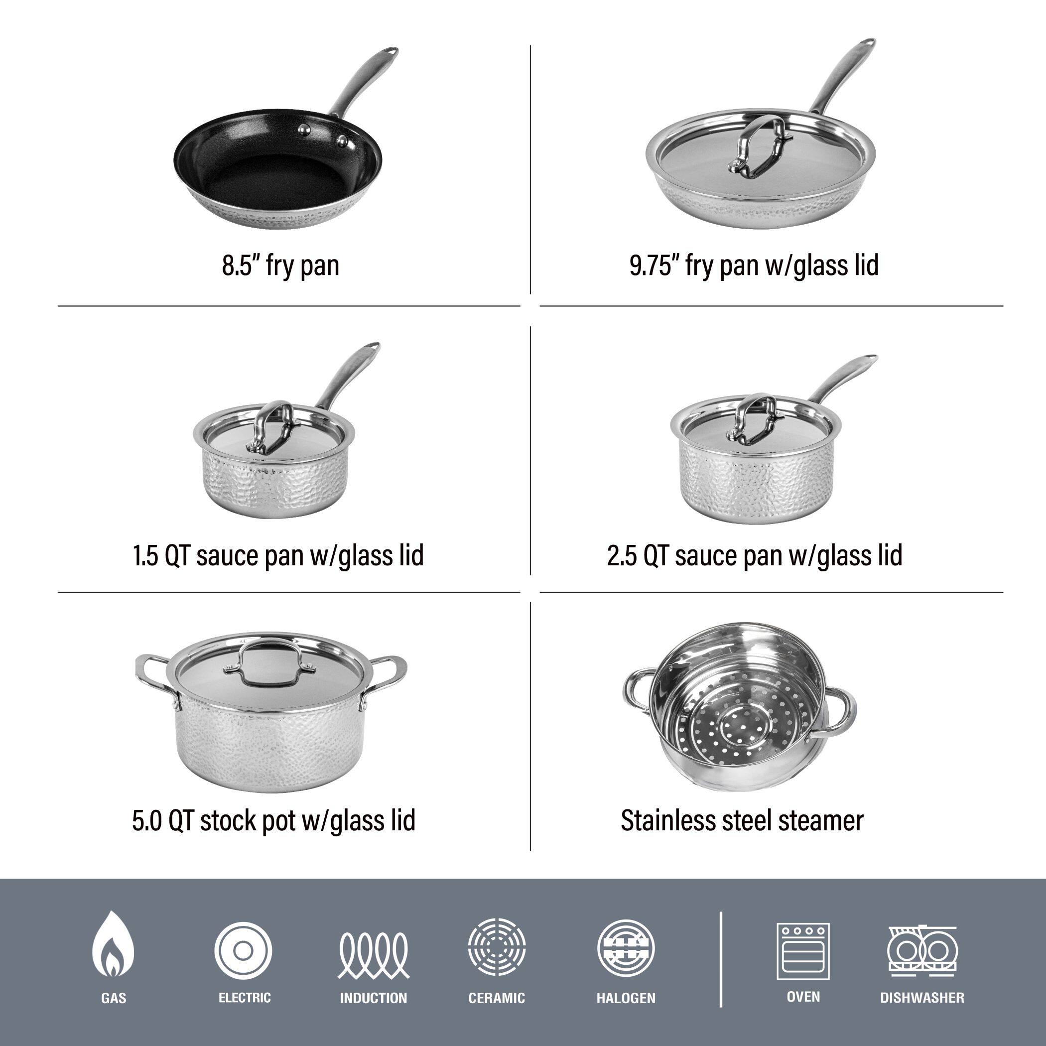 8.5" fry pan, 9.75" fry pan w/glass lid, 1.5 QT sauce pan w/glass lid, 2.5 QT sauce pan w/glass lid, 5.0 QT stock pot w/glass lid, Stainless steel steamer, GAS, ELECTRIC, INDUCTION, CERAMIC, HALOGEN, OVEN, DISHWASHER