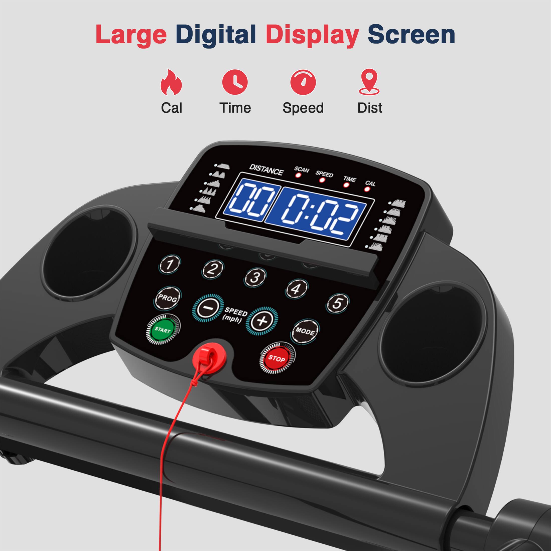Large Digital Display Screen
Cal Time Speed Dist
1 PROG START DISTANCE SCAN SPEED TIME CAL
AAA 00 0:02
2 3 4 5
SPEED (mph) + MODE STOP