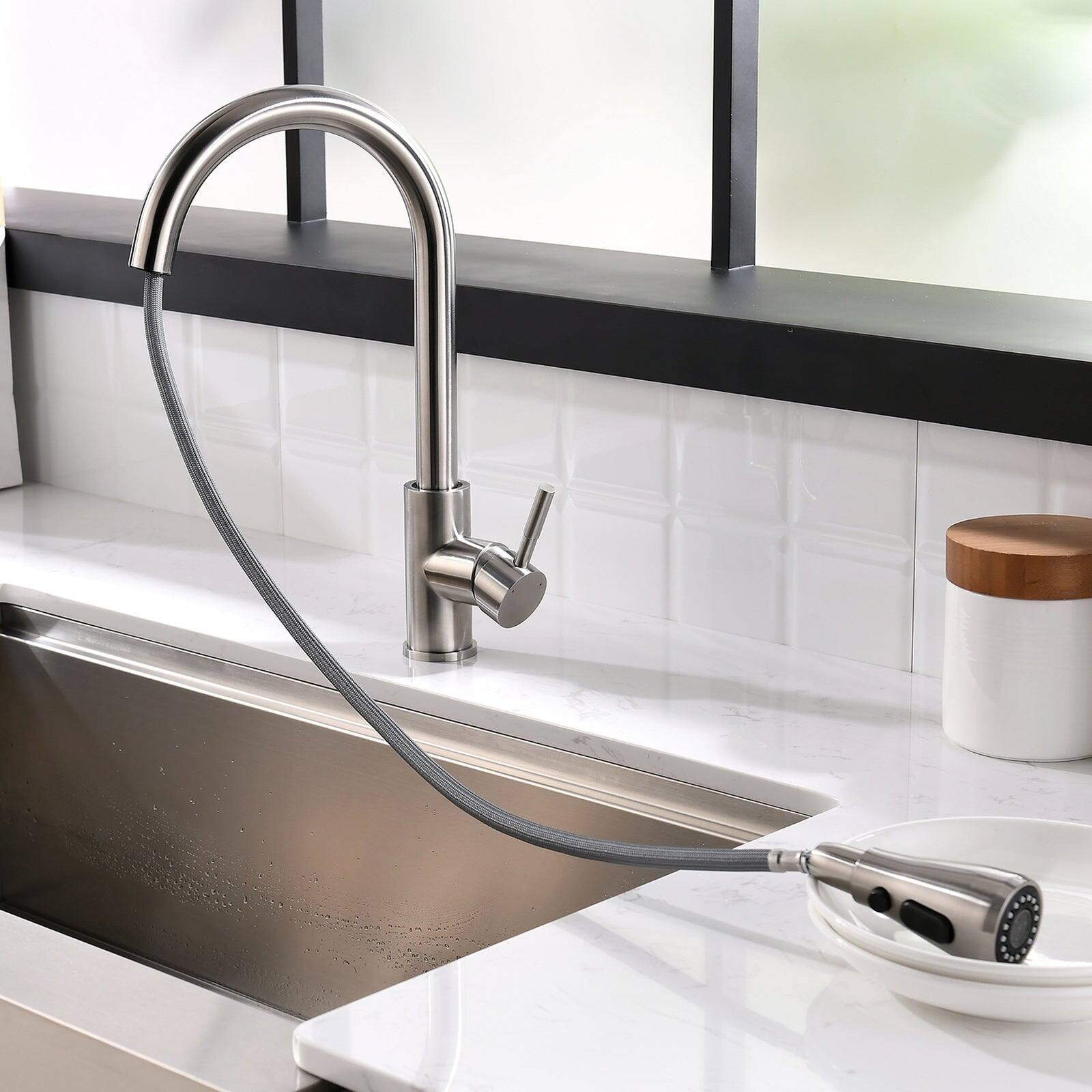 Alt View 9. Boyel Living - Contemporary Single Handle Gooseneck Pull Down Sprayer Kitchen Faucet Brushed Nickel - Brushed Nickel.
