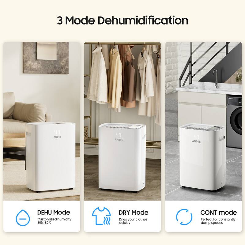 3 Mode Dehumidification

DEHU Mode  
Customized humidity 30%-80%

DRY Mode  
Dries your clothes quickly

CONT mode  
Perfect for constantly damp spaces