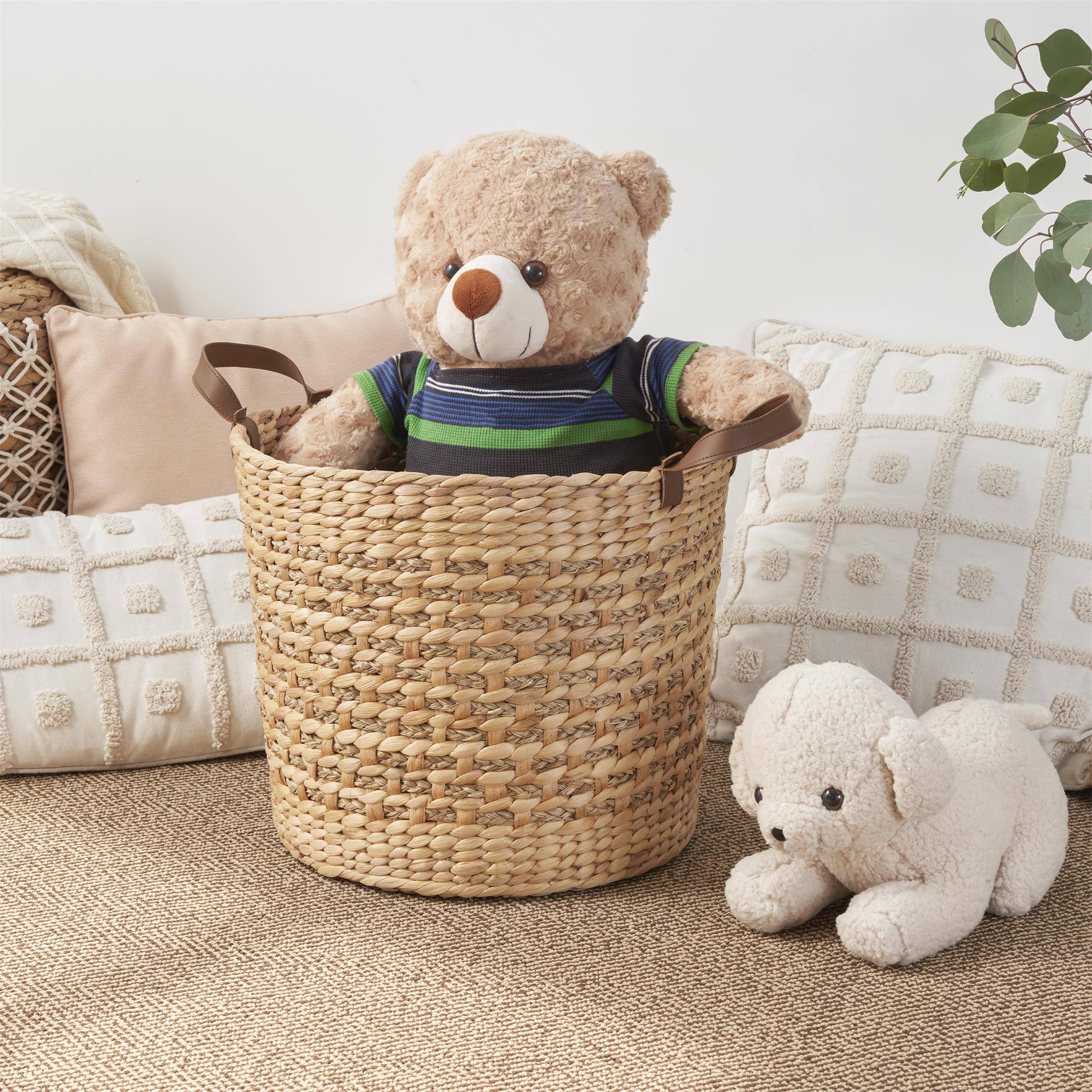 Alt View 2. Boyel Living - Brown Round Water Hyacinth Woven Multi-Use Storage Basket 15.7-in L x 15.7-in W x 15.7-in H with Faux Leather Handles - Brown.