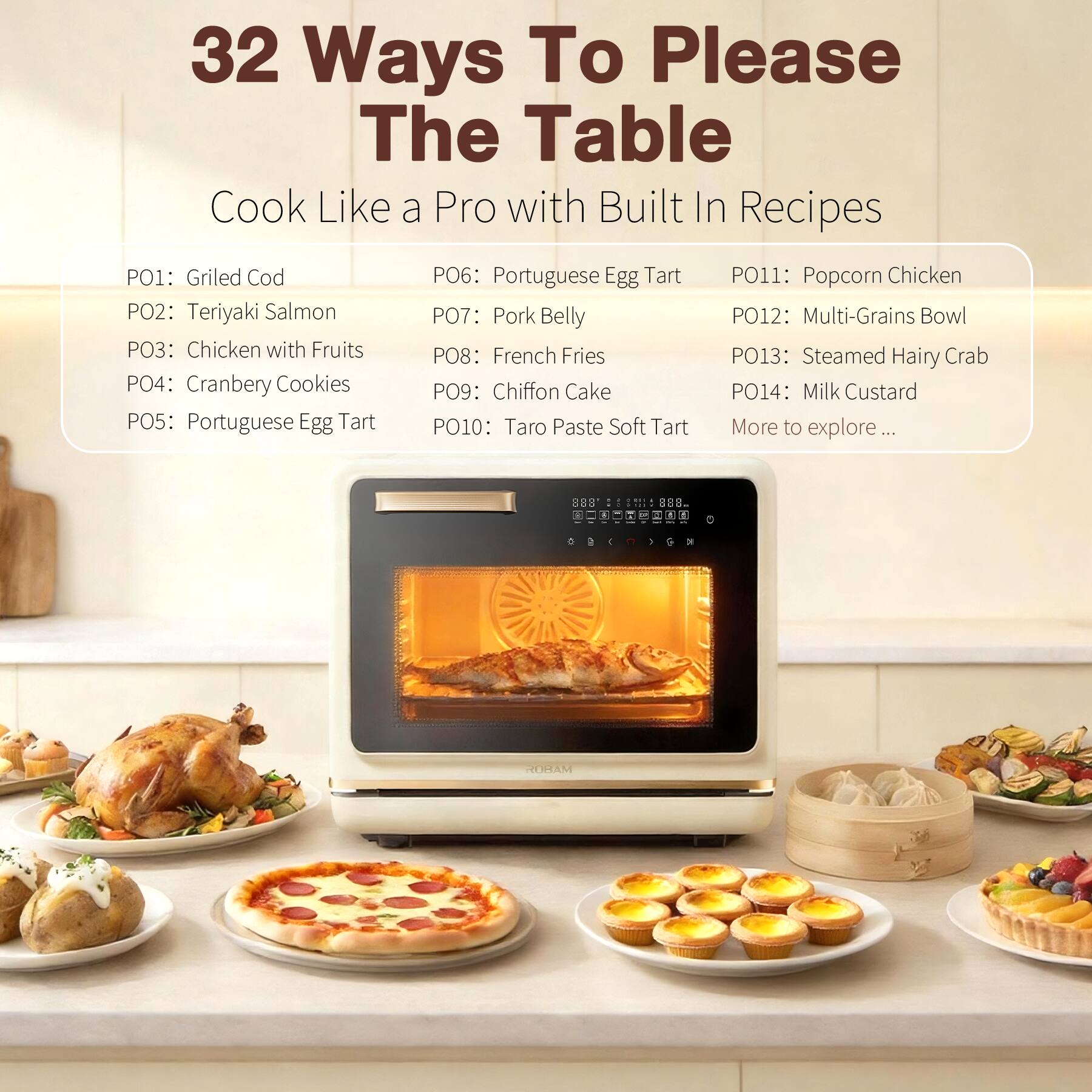 32 Ways To Please The Table  
Cook Like a Pro with Built In Recipes

PO1: Grilled Cod  
PO2: Teriyaki Salmon  
PO3: Chicken with Fruits  
PO4: Cranberry Cookies  
PO5: Portuguese Egg Tart  
PO6: Portuguese Egg Tart  
PO7: Pork Belly  
PO8: French Fries  
PO9: Chiffon Cake  
PO10: Taro Paste Soft Tart  
PO11: Popcorn Chicken  
PO12: Multi-Grains Bowl  
PO13: Steamed Hairy Crab  
PO14: Milk Custard  
More to explore...