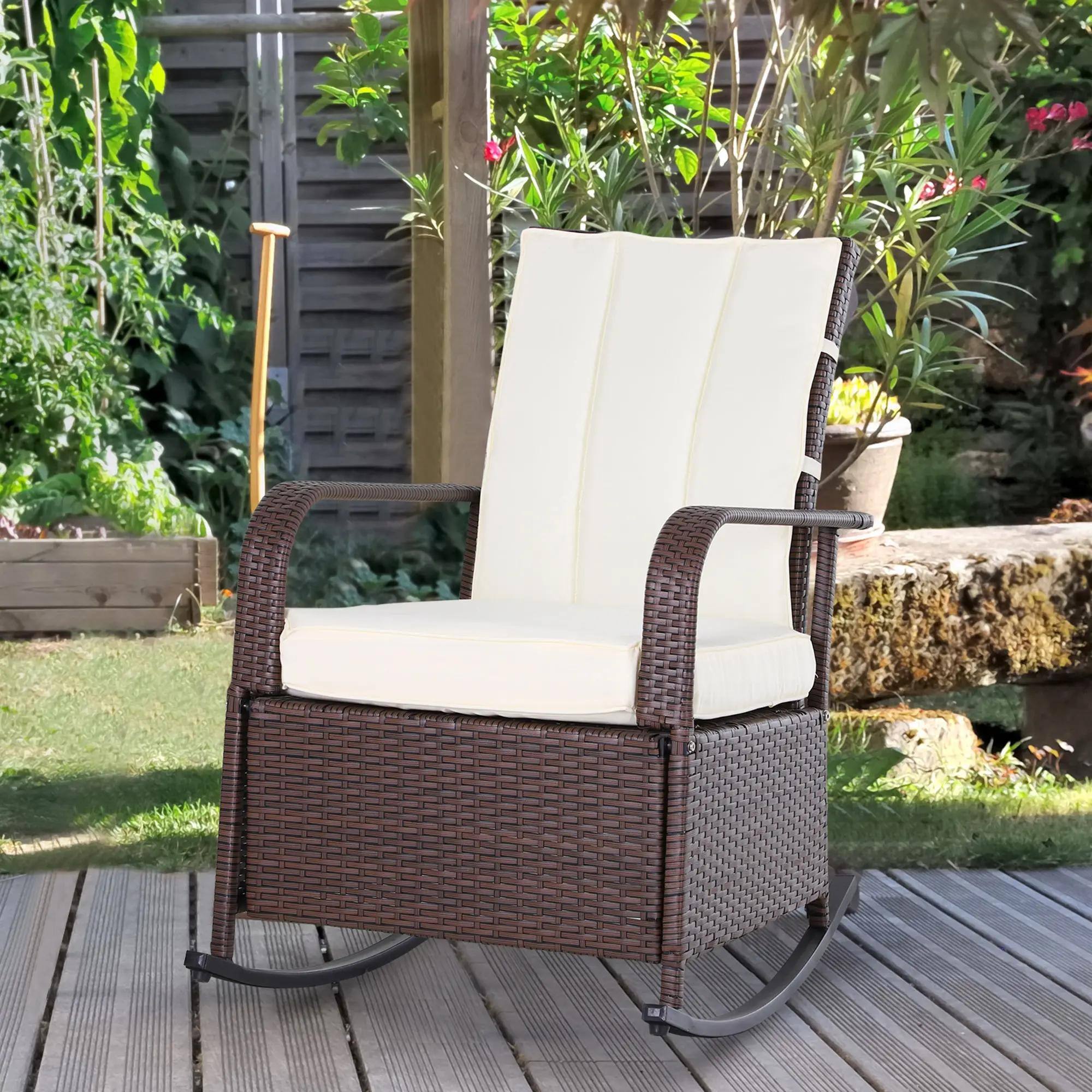 Alt View 6. Resenkos - Resenkos Rattan Rocking Chair with Footstool, Beige, Outdoor Lounger, Mixed Brown/Cream White - Mixed Brown/Cream White.
