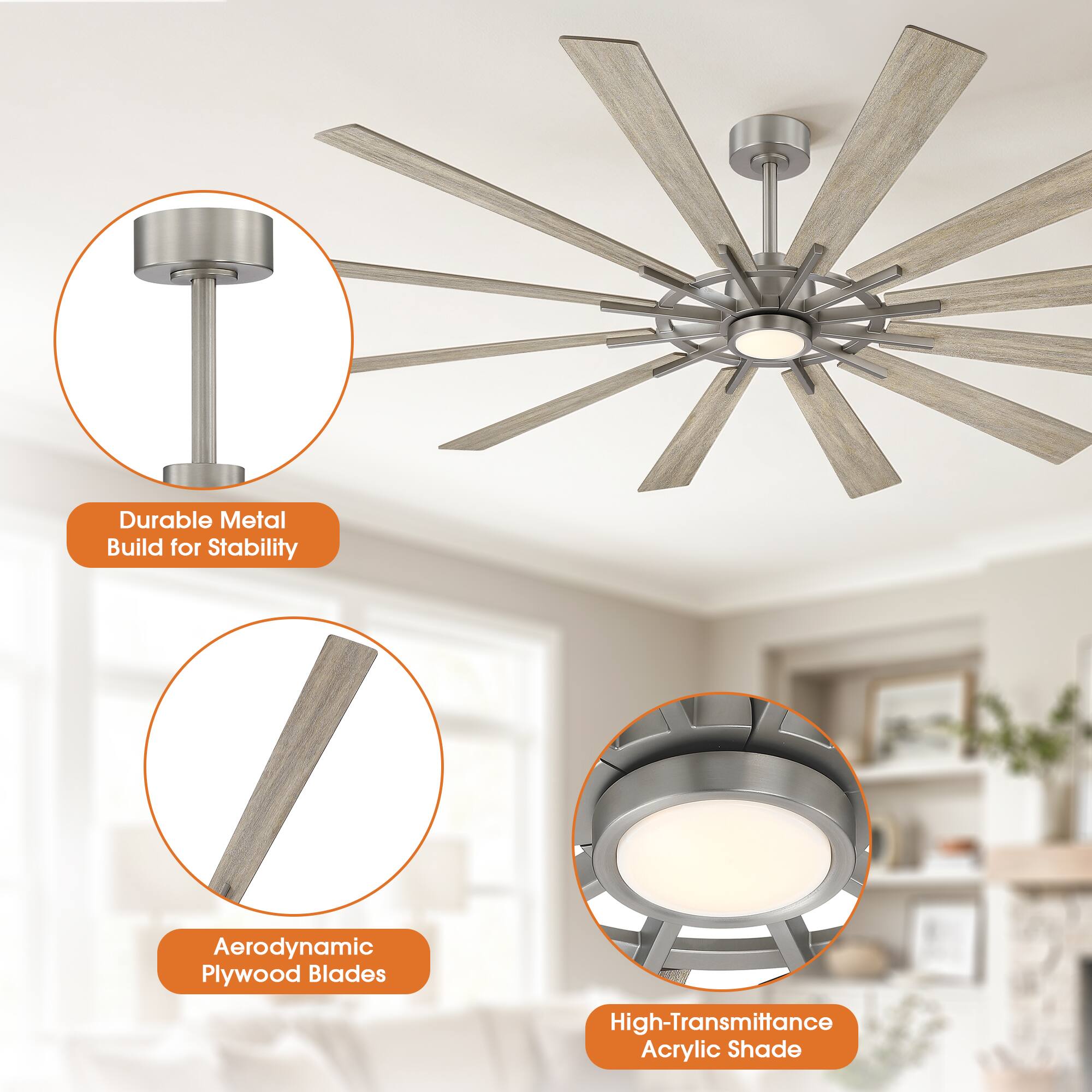 Durable Metal Build for Stability  
Aerodynamic Plywood Blades  
High-Transmittance Acrylic Shade