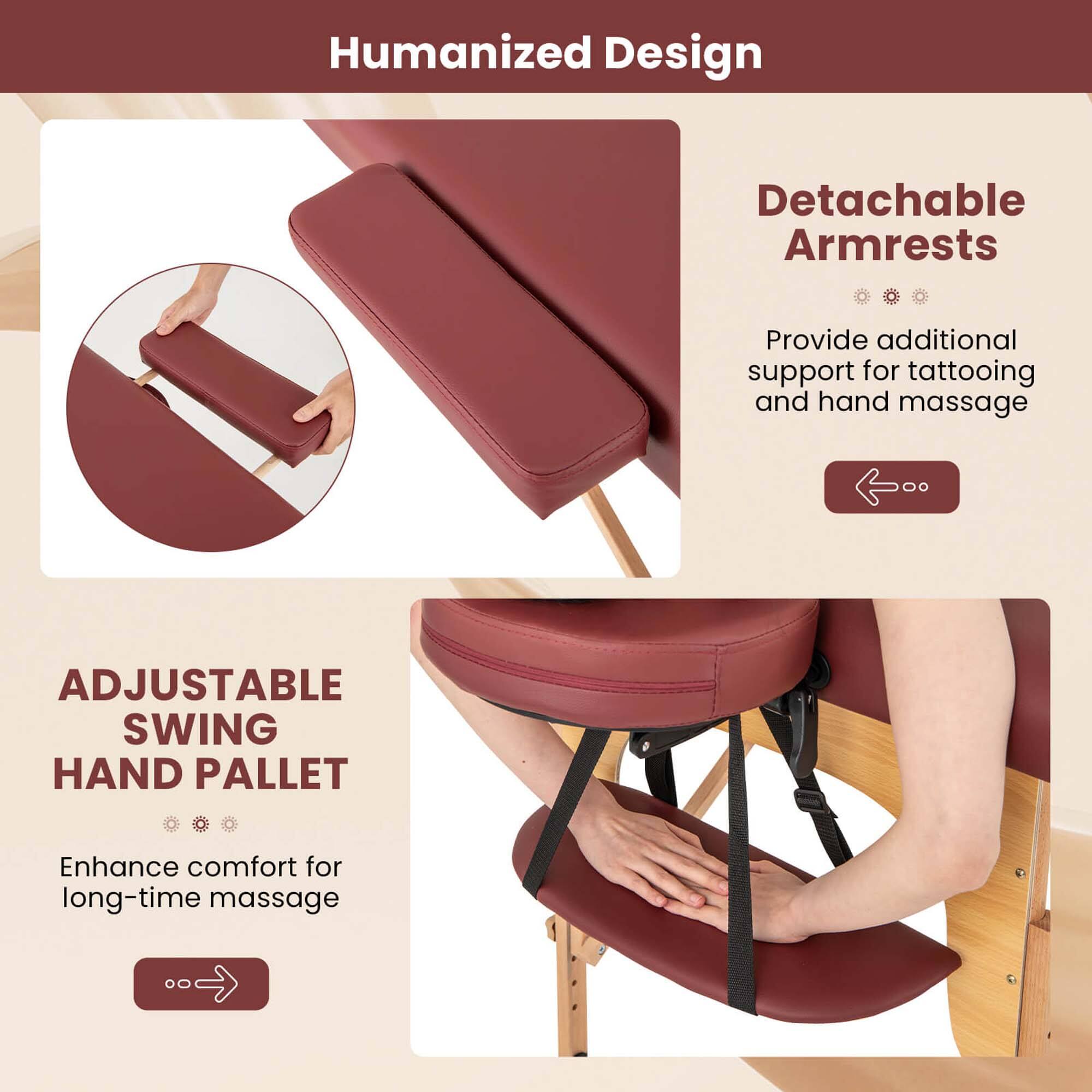 Humanized Design

Detachable Armrests  
Provide additional support for tattooing and hand massage

ADJUSTABLE SWING HAND PALLET  
Enhance comfort for long-time massage