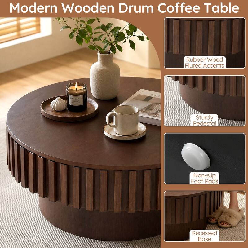 Modern Wooden Drum Coffee Table

Rubber Wood Fluted Accents

Sturdy Pedestal

Non-slip Foot Pads

Recessed Base