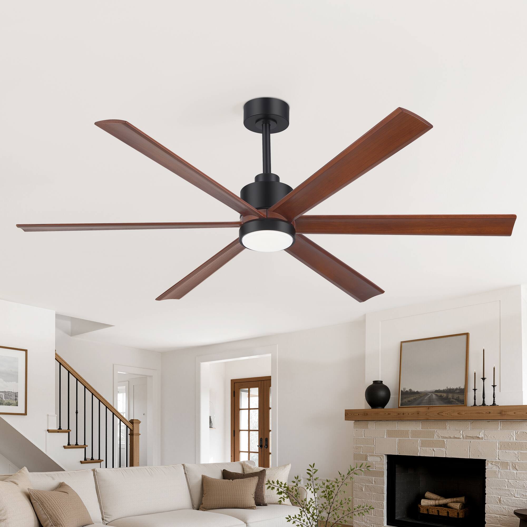 Alt View 4. Breezary - 60" Smart LED Ceiling Fan with Light, Remote & APP Control, 6-Speed, 1/4/8H Timer, 6 Blades, DC Motor - Matte Black.