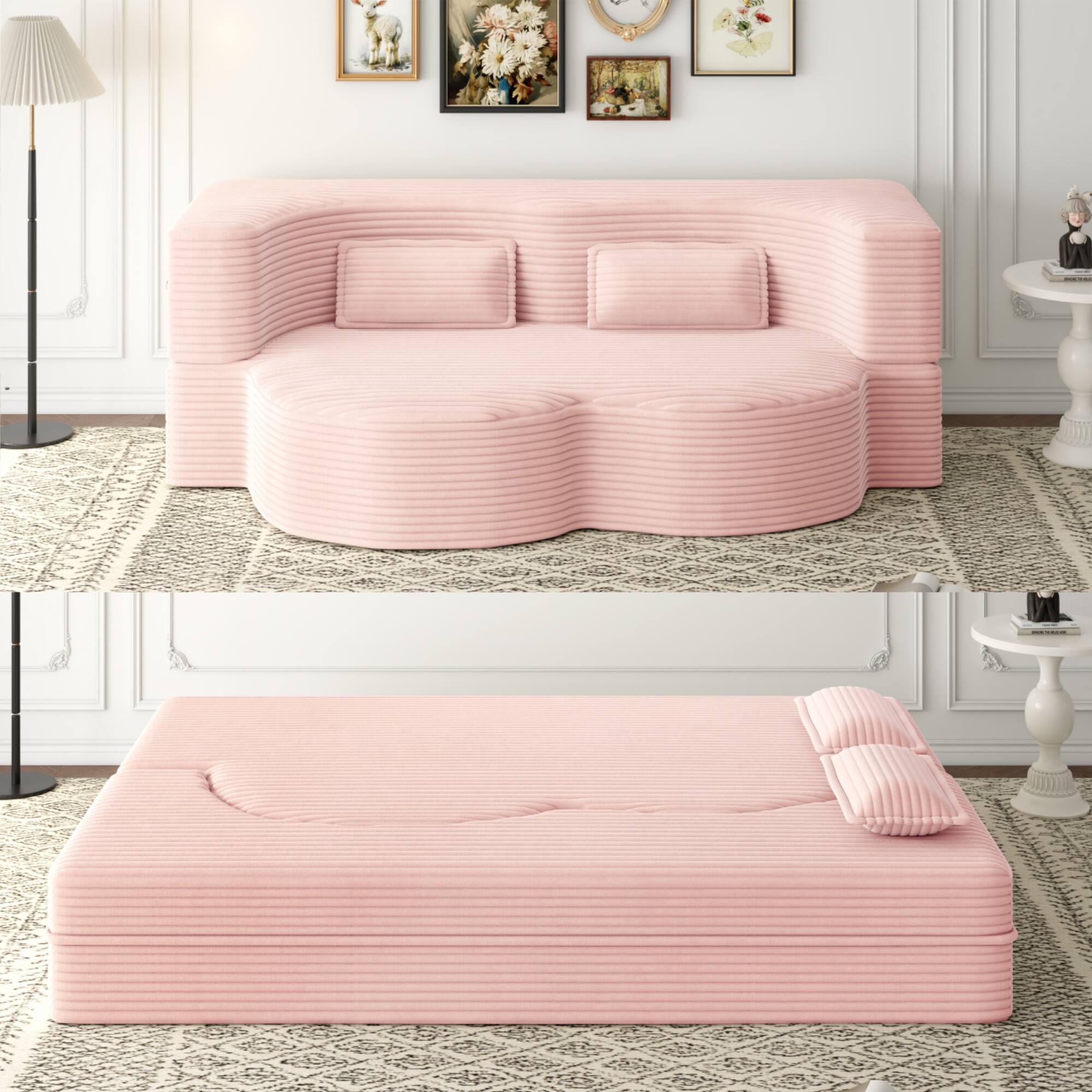 Front. Trinkets Crazed - Convertible Sleeper Sofa Bed,15" Thick Full Size Folding Floor Couch, Corduroy Foam-Filled Futon Loveseat Couch - Baby Pink.