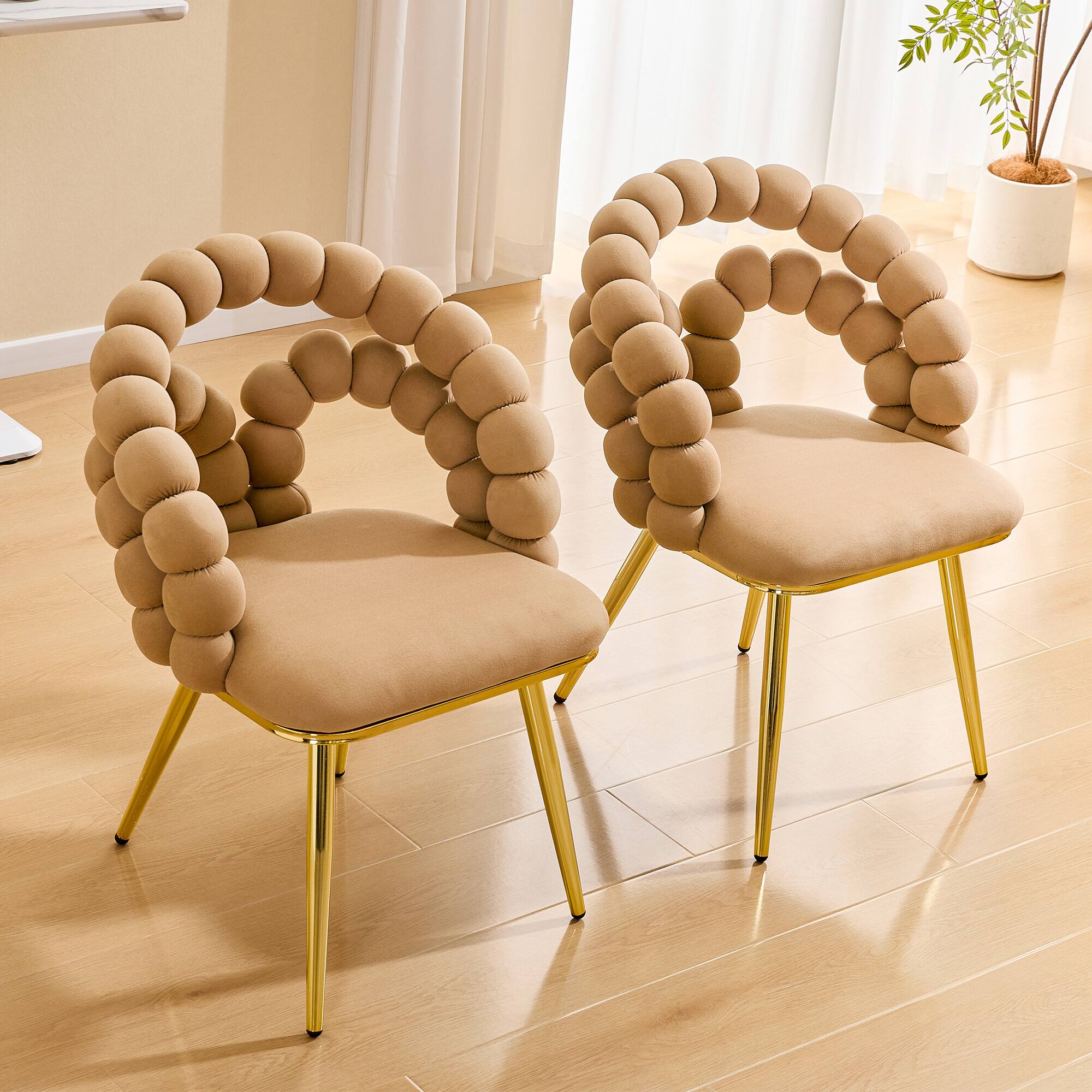 Left. Loheer - Loheer Velvet Dining Chair Set of 2 Bubble Back Brown Accent Chairs with Gold Metal Legs for Dining Room 1.92 ft - Brown,Gold.
