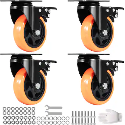 Front. VEVOR - Caster Wheels, 4-inch Swivel Plate Casters, Set of 4, with Security A/B Locking No Noise PVC Wheels - Black;Orange.