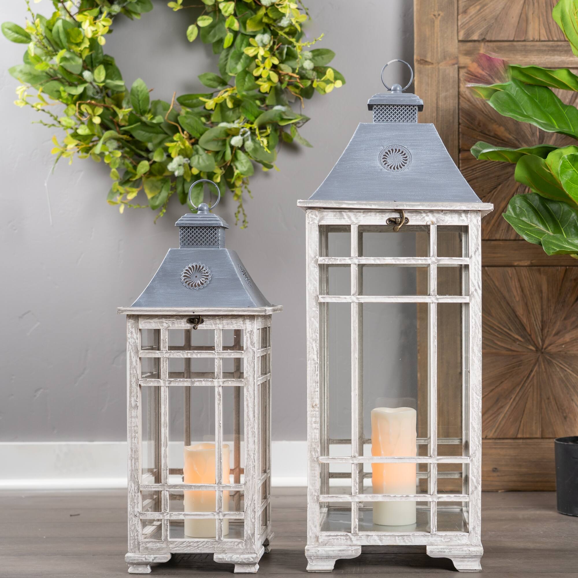 Angle. BreeBe - Traditional Farmhouse Lantern with Metal Lid (Set of 2) - Grey, White.