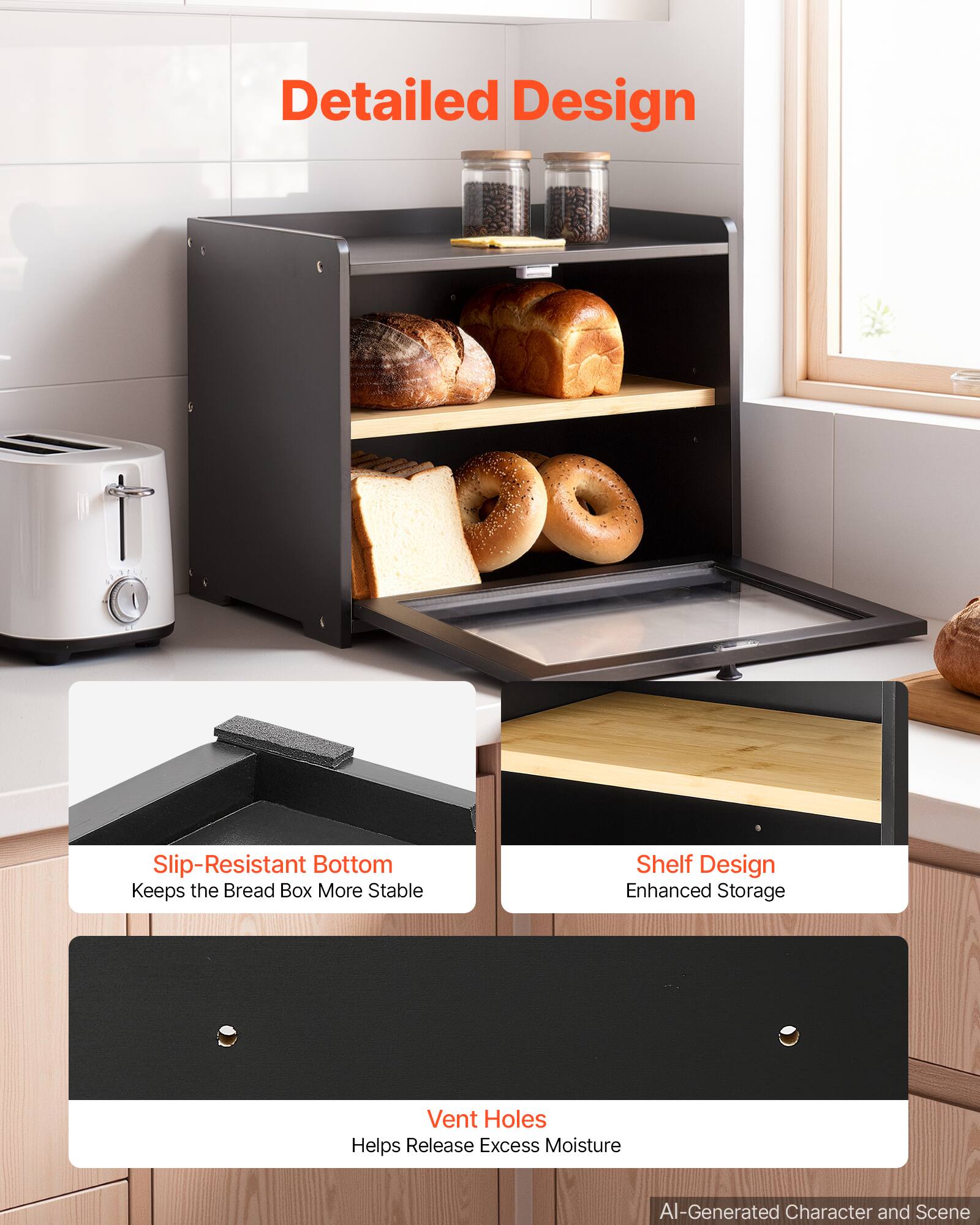 Detailed Design

Slip-Resistant Bottom Keeps the Bread Box More Stable

Shelf Design Enhanced Storage

Vent Holes Helps Release Excess Moisture

AI-Generated Character and Scene