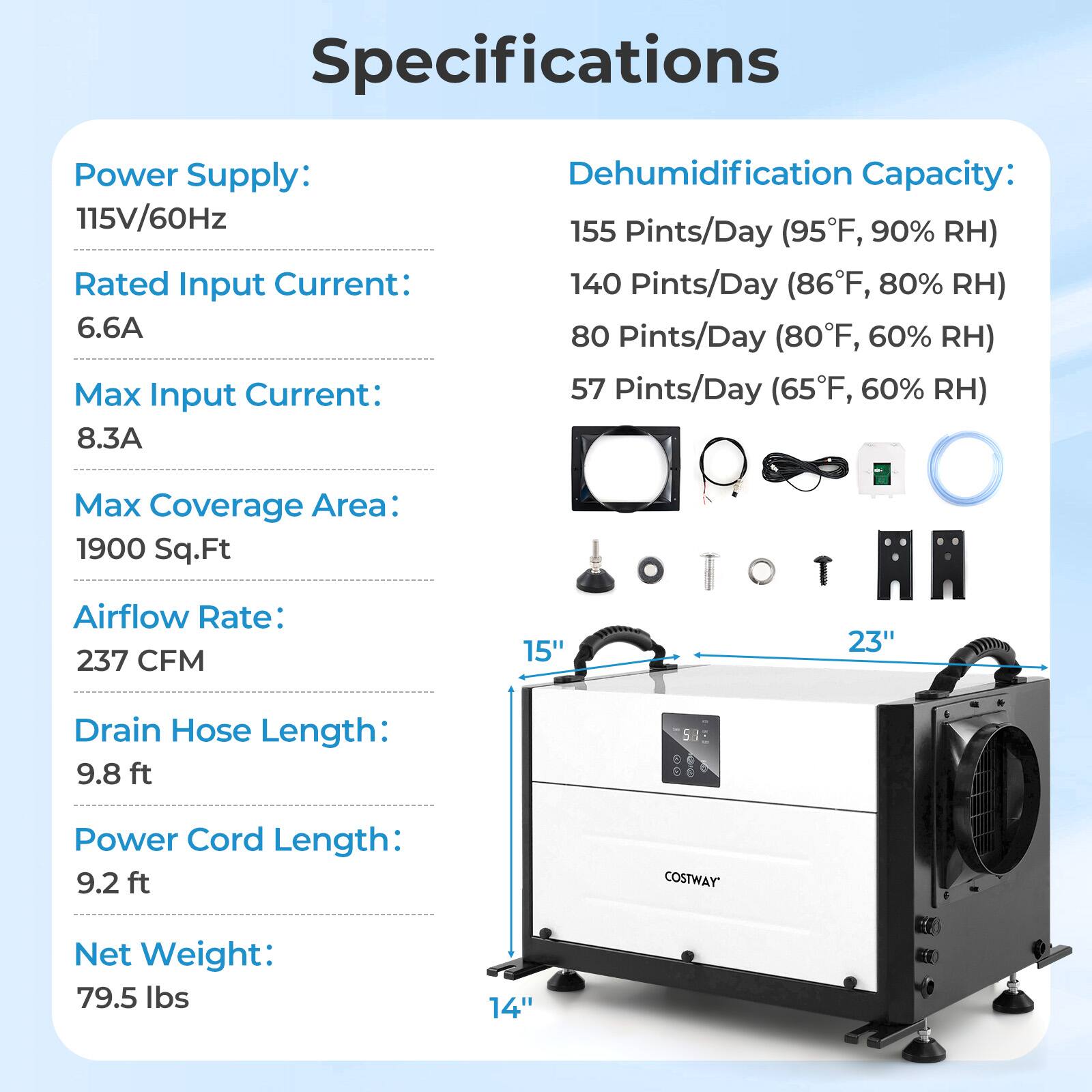 Specifications:

* Power Supply: 115V/60Hz
* Rated Input Current: 6.6A
* Max Input Current: 8.3A
* Dehumidification Capacity:
	+ 155 Pints/Day (95F, 90% RH)
	+ 140 Pints/Day (86F, 80% RH)
	+ 80 Pints/Day (80F, 60% RH)
	+ 57 Pints/Day (65F, 60% RH)
* Max Coverage Area: 1900 Sq.Ft
* Airflow Rate: 237 CFM
* Drain Hose Length: 9.8 ft
* S1 Power Cord Length: 9.2 ft
* COSTWAY Net Weight: 79.5 lbs
* 14" Drain Hose Length: 9.8 ft