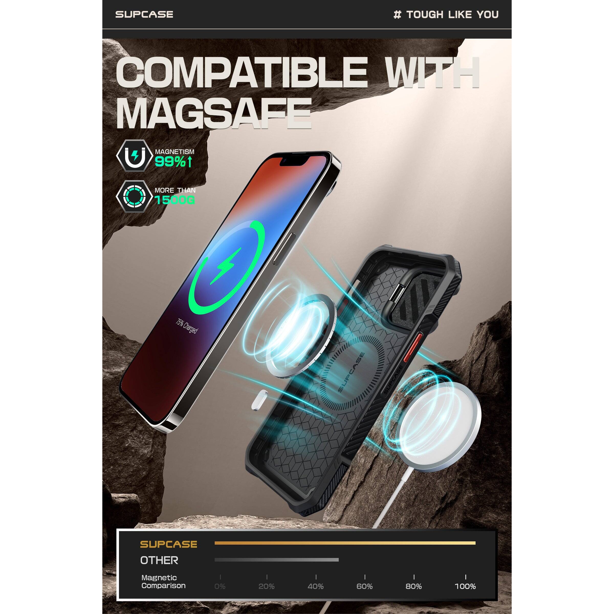 # TOUGH LIKE YOU

COMPATIBLE WITH MAGSAFE

MAGNETISM 99%¹

MORE THAN 1500G

SUPCASE

SUPCASE OTHER Magnetic Comparison

0% 20% 40% 60% 80% 100%