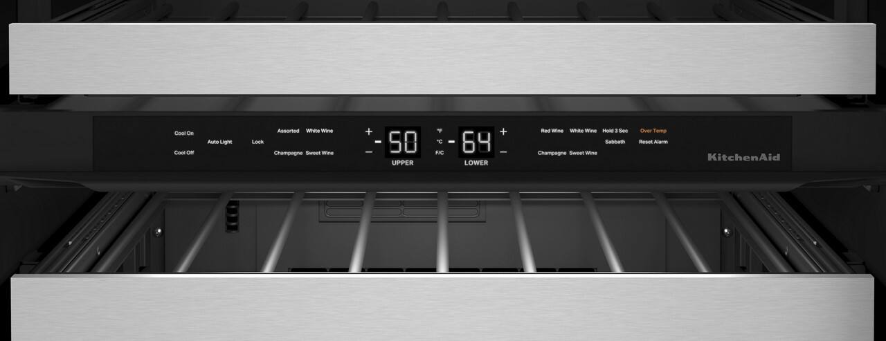 Cool On  
Auto Light  
Lock  
Cool Off  

Assorted White Wine  
Champagne Sweet Wine  

+ - 50  
°F - 69  
+  

UPPER  
F/C  
LOWER  

Red Wine  
White Wine  
Champagne Sweet Wine  

Hold 3 Sec  
Sabbath  
Over Temp  
Reset Alarm  

KitchenAid