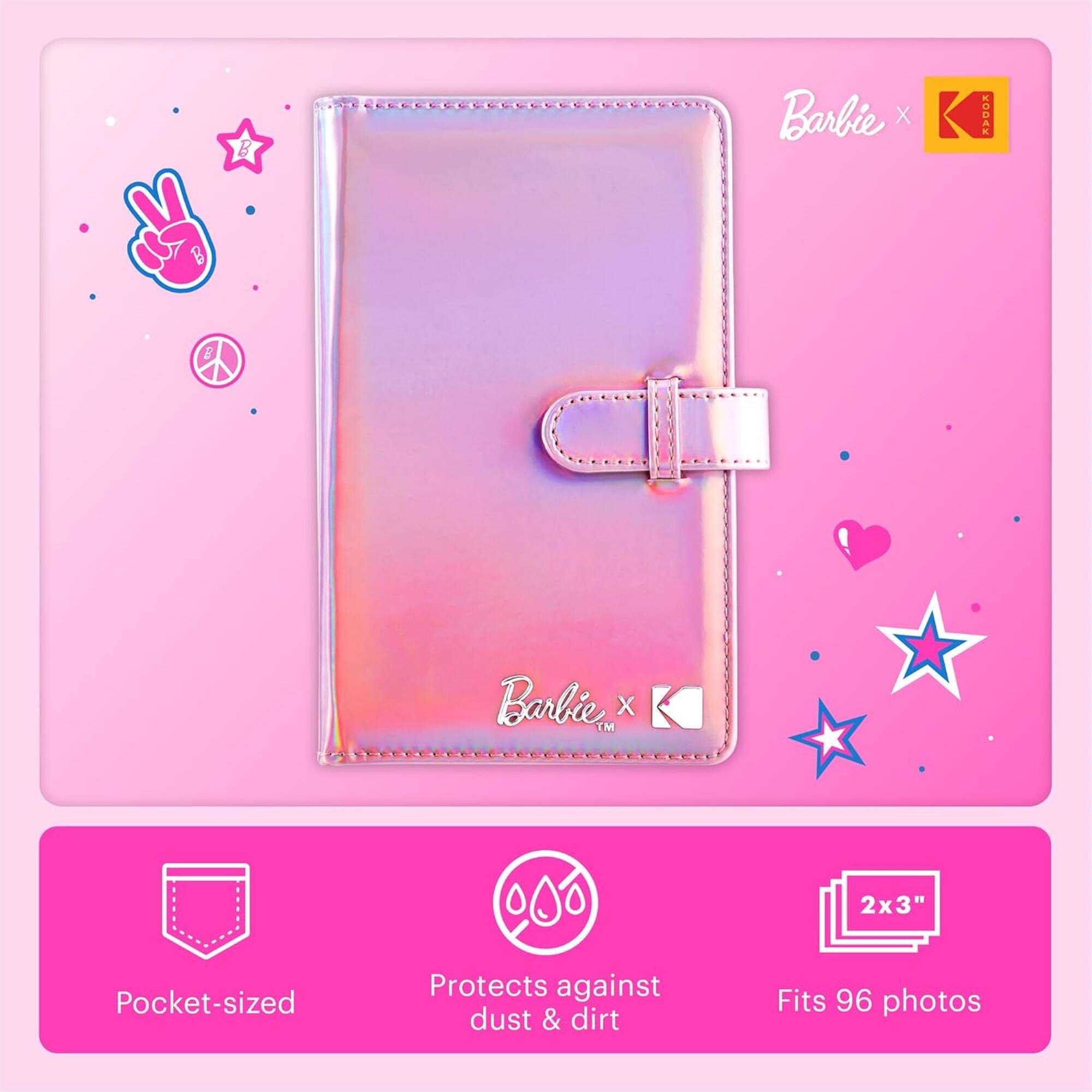 Barbie X KODAK  
Barbie™ X  

Pocket-sized  
Protects against dust & dirt  
2x3"  
Fits 96 photos