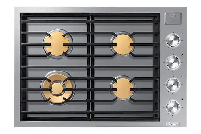 Front. Dacor - Contemporary 30" Built-In Gas Cooktop with 4 burners with SimmerSear, Liquid Propane Convertible - Silver Stainless Steel.