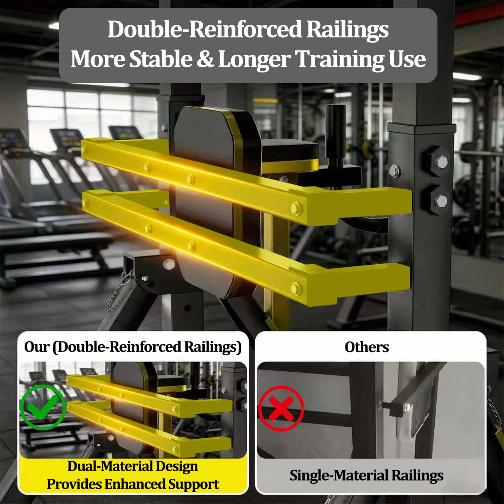 Double-Reinforced Railings More Stable & Longer Training Use

Our (Double-Reinforced Railings) Dual-Material Design Provides Enhanced Support

Others Single-Material Railings