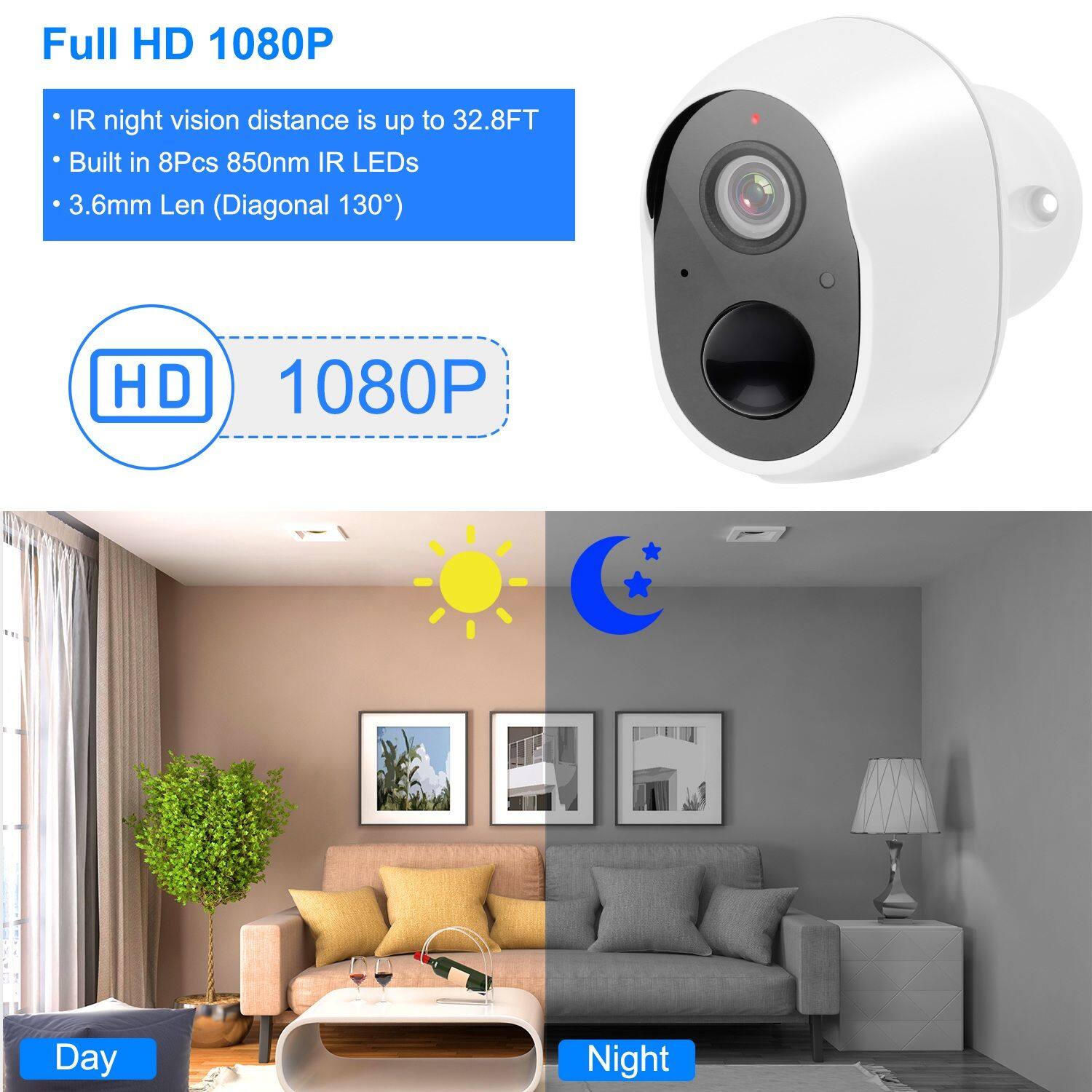 Full HD 1080P

- IR night vision distance is up to 32.8FT
- Built in 8Pcs 850nm IR LEDs
- 3.6mm Len (Diagonal 130°)

HD 1080P

Day

Night