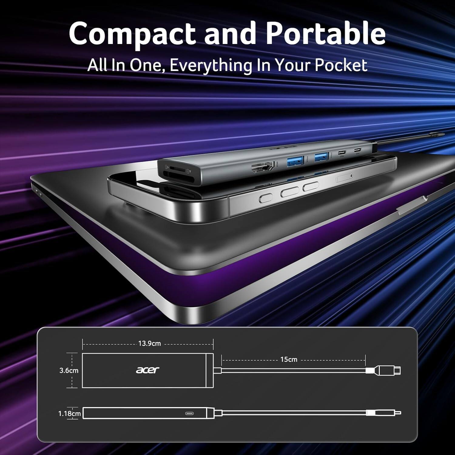 Compact and Portable  
All In One, Everything In Your Pocket  

13.9cm  
3.6cm  
15cm  
1.18cm