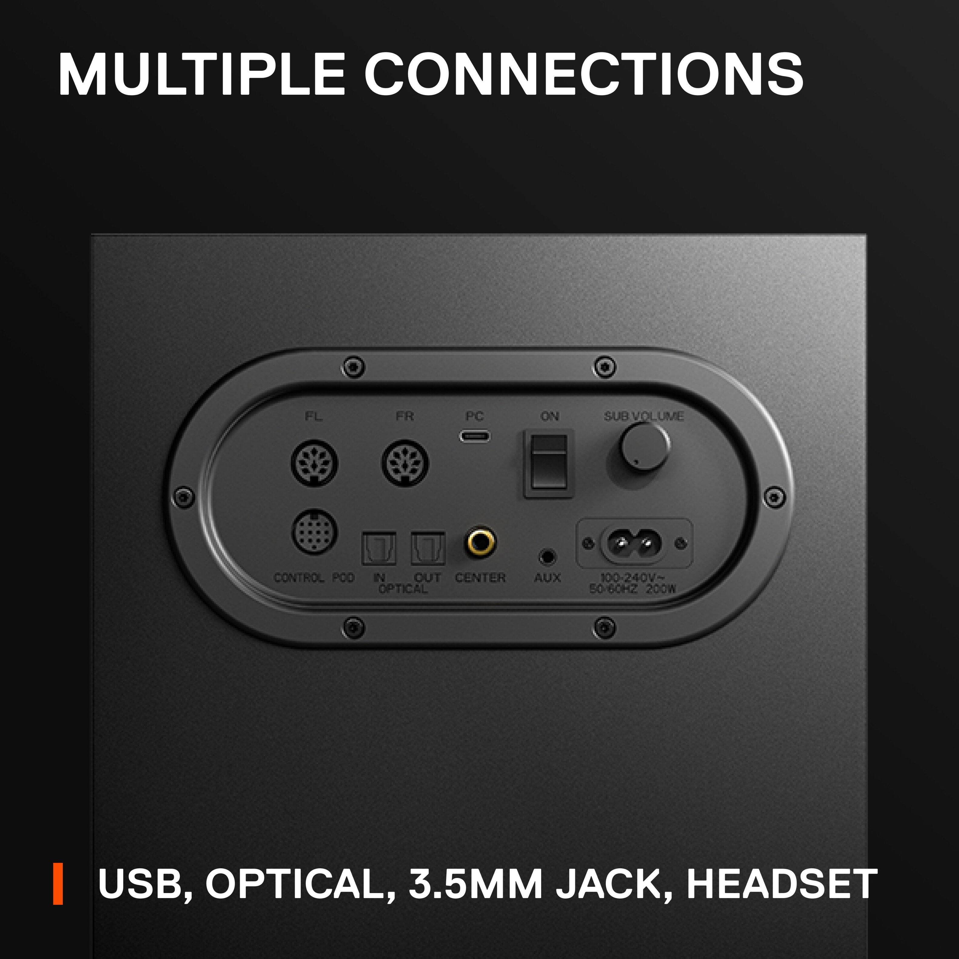 Multiple Connections: USB, Optical, 3.5mm Jack, Headset.