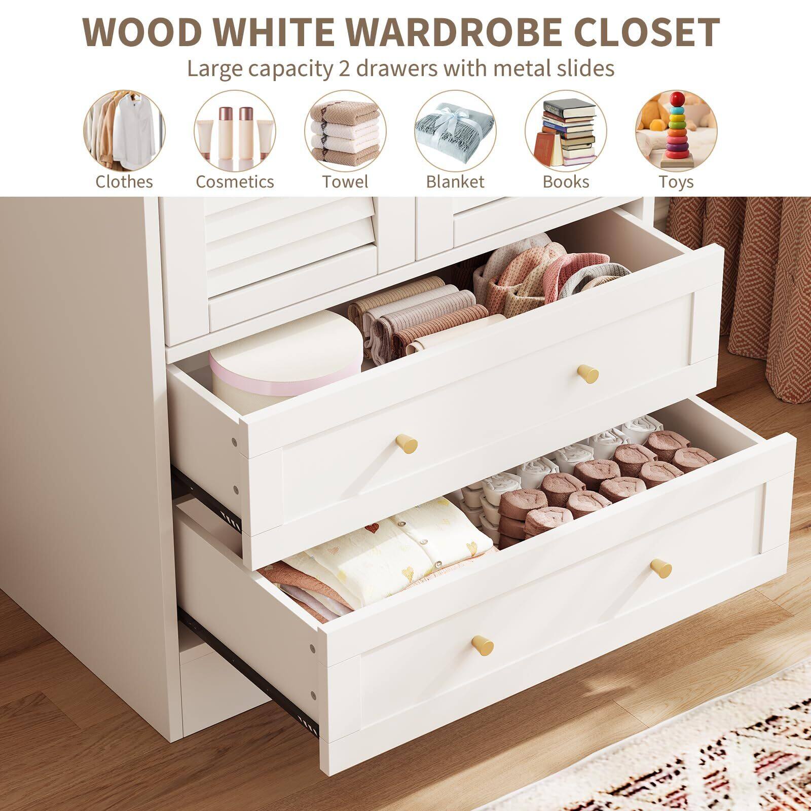 WOOD WHITE WARDROBE CLOSET  
Large capacity 2 drawers with metal slides  

- Clothes  
- Cosmetics  
- Towel  
- Blanket  
- Books  
- Toys