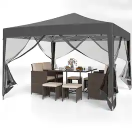 Costway - 10 FT x 10 FT Pop-Up Canopy Tent with Mesh Netting, Carry Bag, 8 Stakes & 4 Ropes - Gray