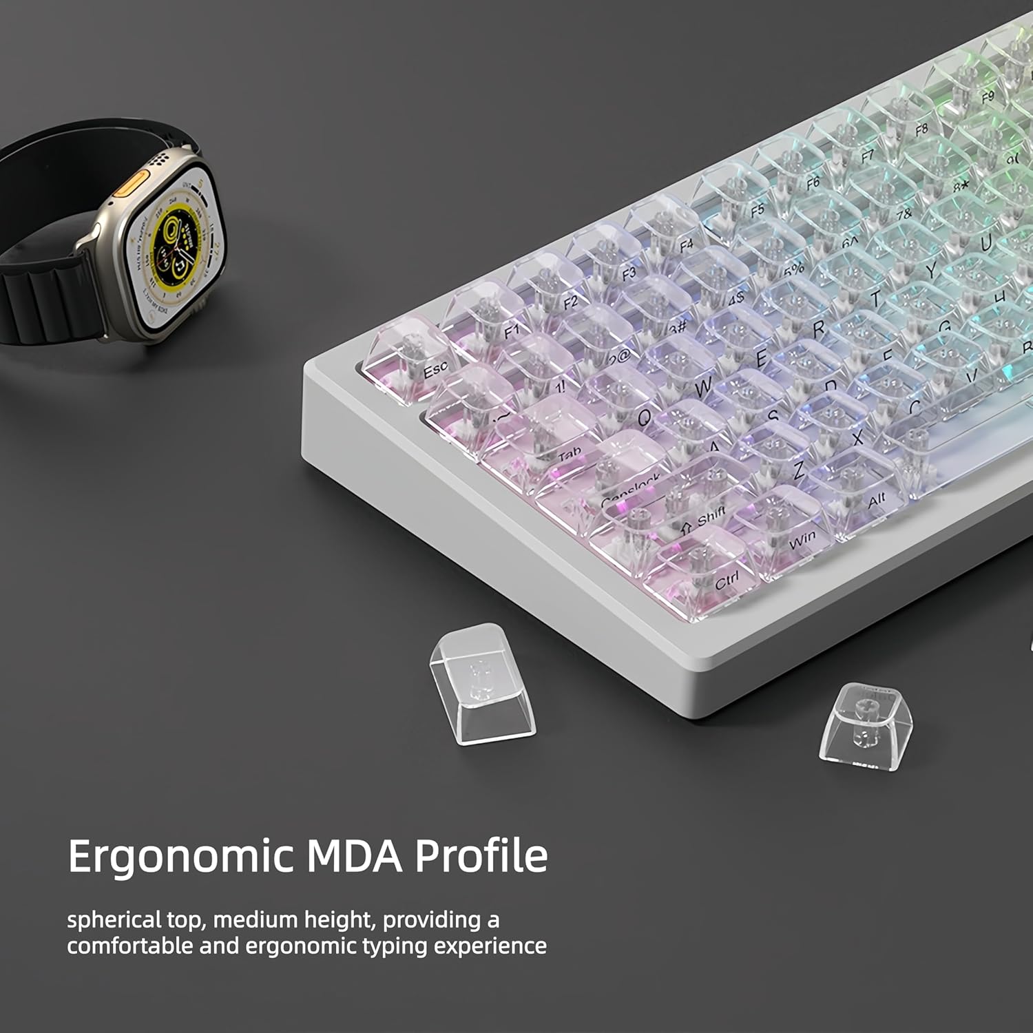 Eso F1 F9 F8 F7 of F8 A F5 78 F4 RA U F3 5 Y F2 as T a R G R 2 E C 3+ 1/ 1! W t n C O 3 A OE X Tab 07 Z aneiari AN Shift f Win Ctri Ergonomic MDA Profile spherical top, medium height, providing a comfortable and ergonomic typing experience