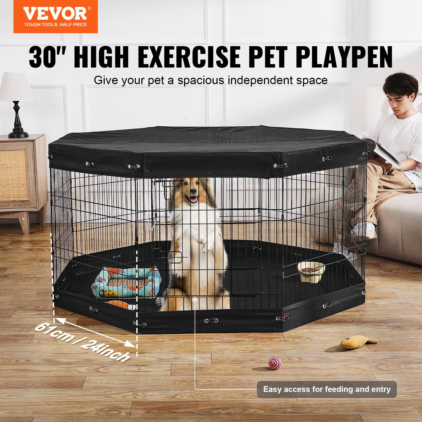 VEVOR TOUGH TOOLS. HALF PRICE 30" HIGH EXERCISE PET PLAYPEN. Give your pet a spacious independent space. 61cm/24inch. Easy access for feeding and entry.