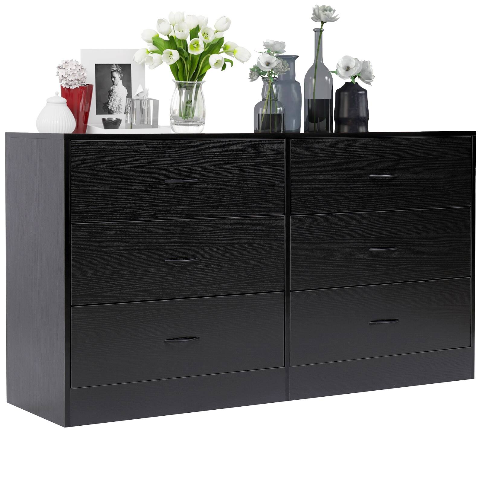 Front. SKONYON - Modern 6 Drawer Wood Dresser for Bedroom - Black.