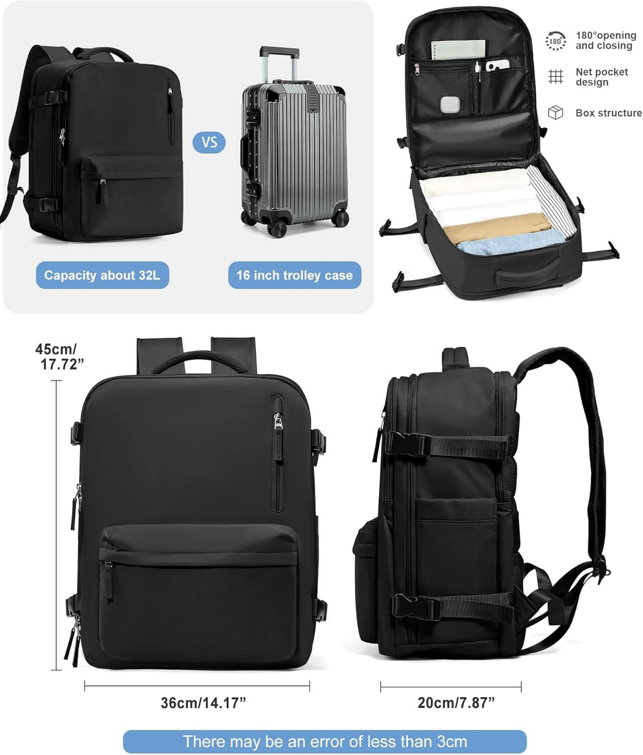 - Capacity about 32L
- 16 inch trolley case
- 45cm/17.72"
- 36cm/14.17"
- 20cm/7.87"
- 180° opening and closing
- Net pocket design
- Box structure
- There may be an error of less than 3cm