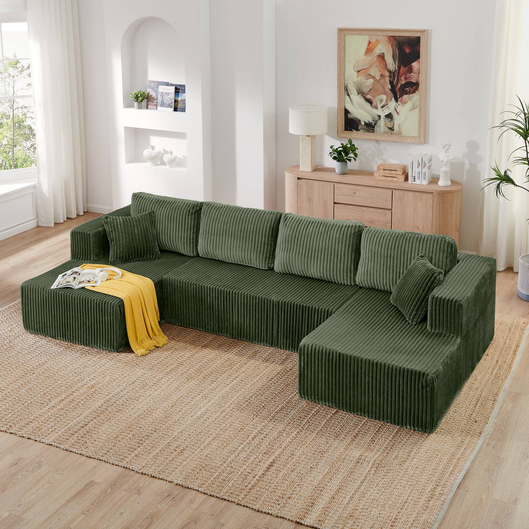 Alt View 2. Boyel Living - U Shape Modular Sectional Sofa Compressed Corduroy Couch Minimalist Sleeper Sofa for Living Room and Bedroom Green - Green.