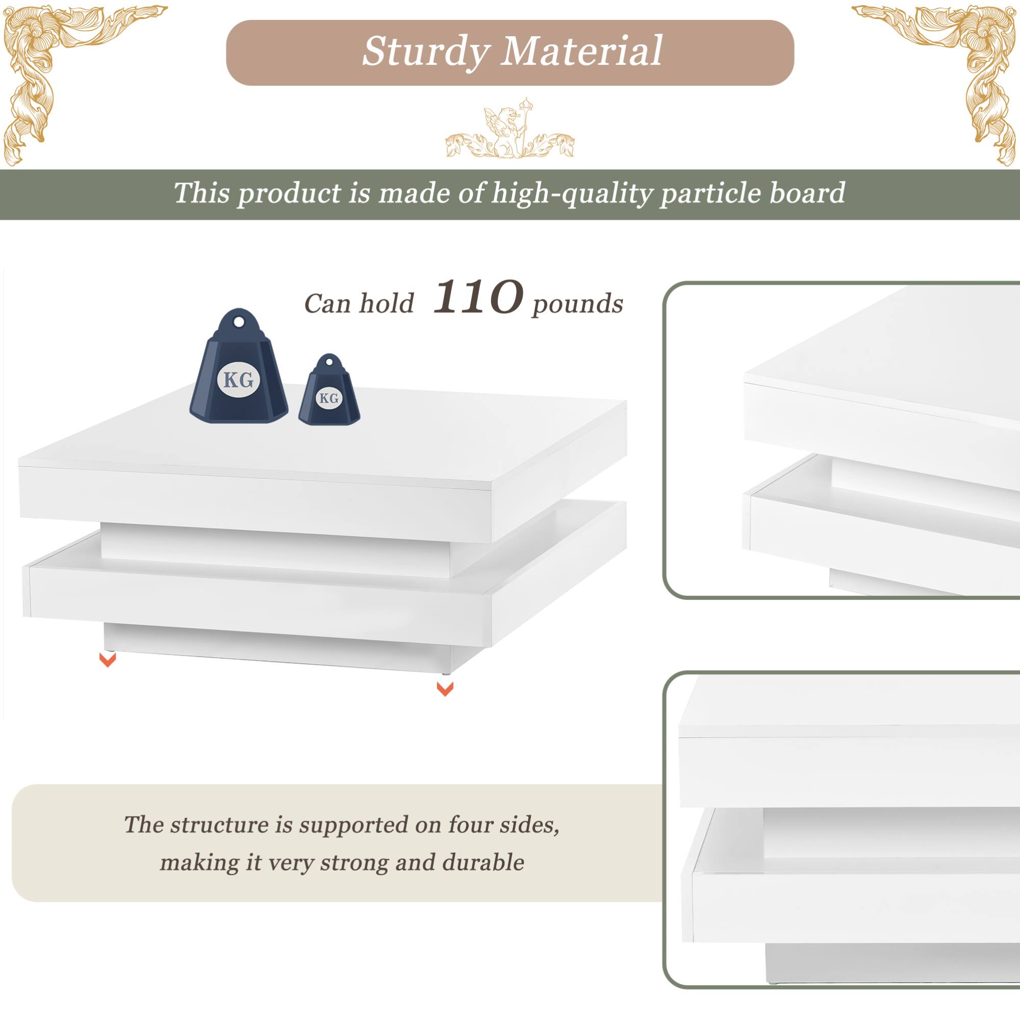 Sturdy Material

This product is made of high-quality particle board

Can hold 110 pounds

The structure is supported on four sides, making it very strong and durable