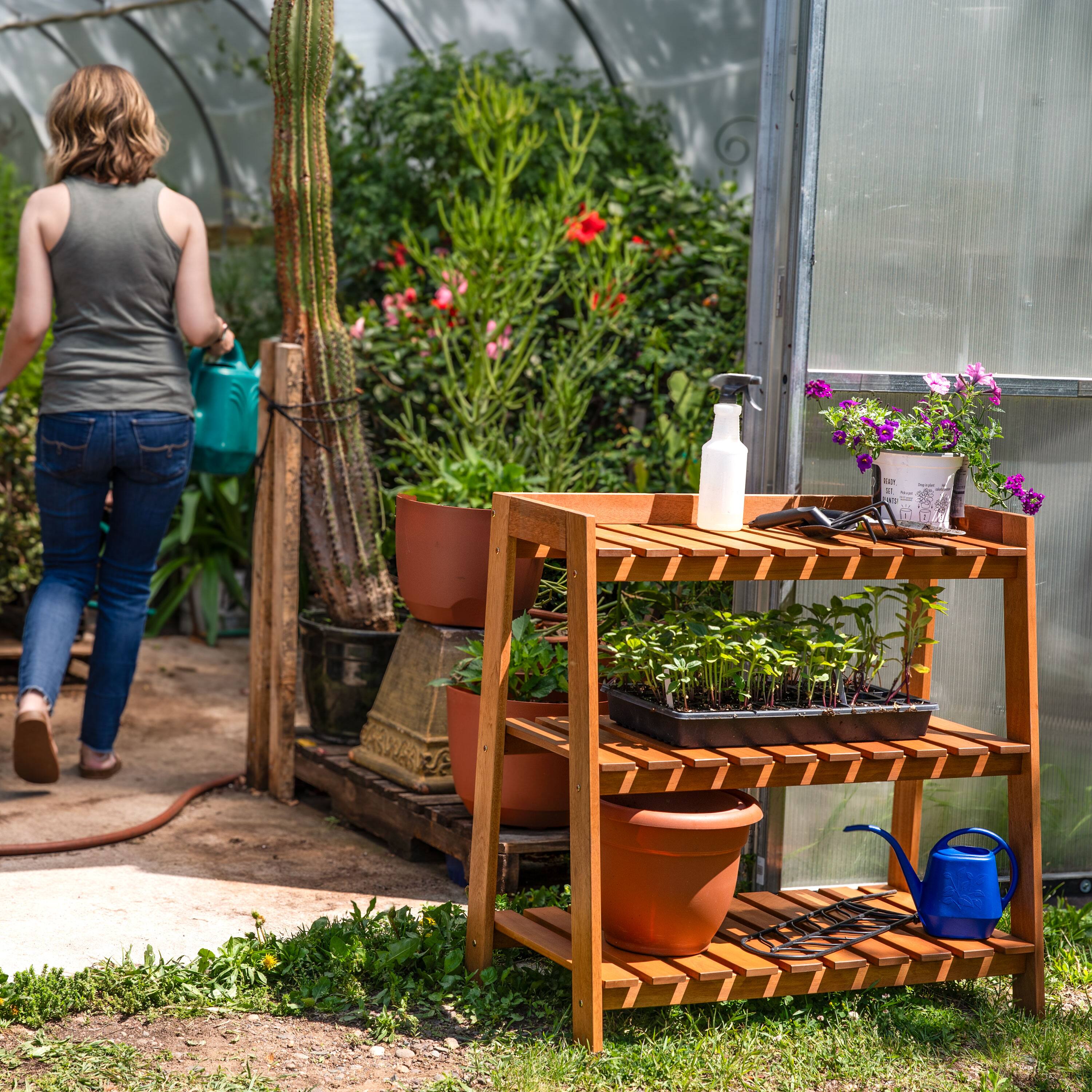 Alt View 4. Sunnydaze - 3-Tier Meranti Wood Plant Stand with Teak Oil Finish - 36 in - Brown.