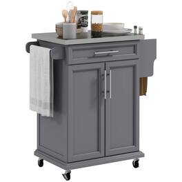 Homcom - Kitchen Island on Wheels, Rolling Kitchen Cart with Stainless Steel Countertop, Drawer, Towel Rack and Spice Rack - Gray