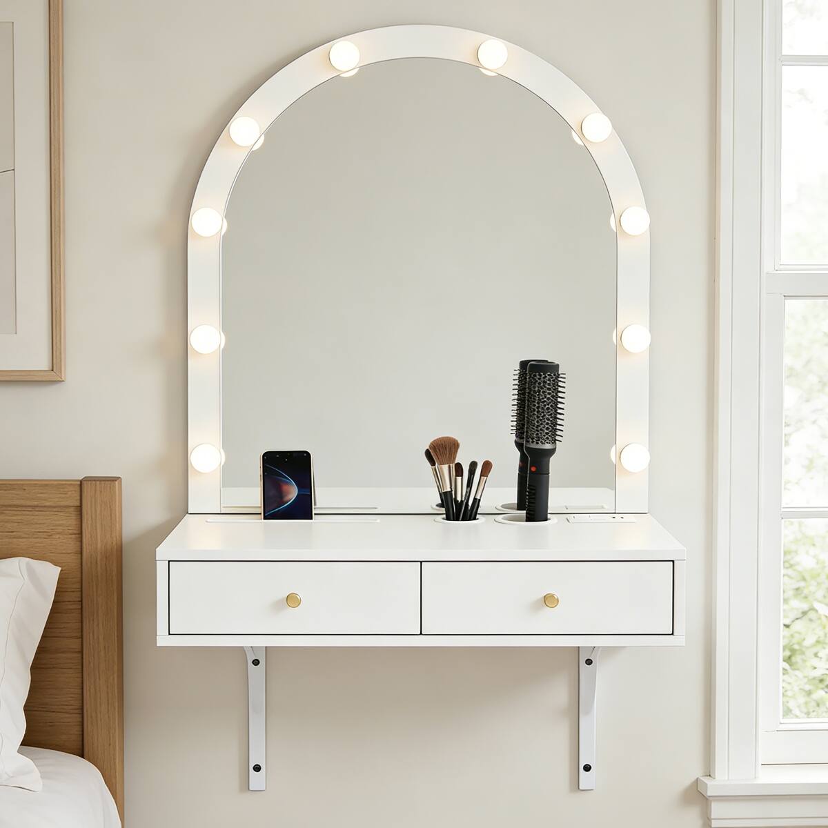 Alt View 9. Loheer - Loheer Floating Makeup Vanity Desk with Mirror and Lights, White Wall Mounted Vanity Desk - White.