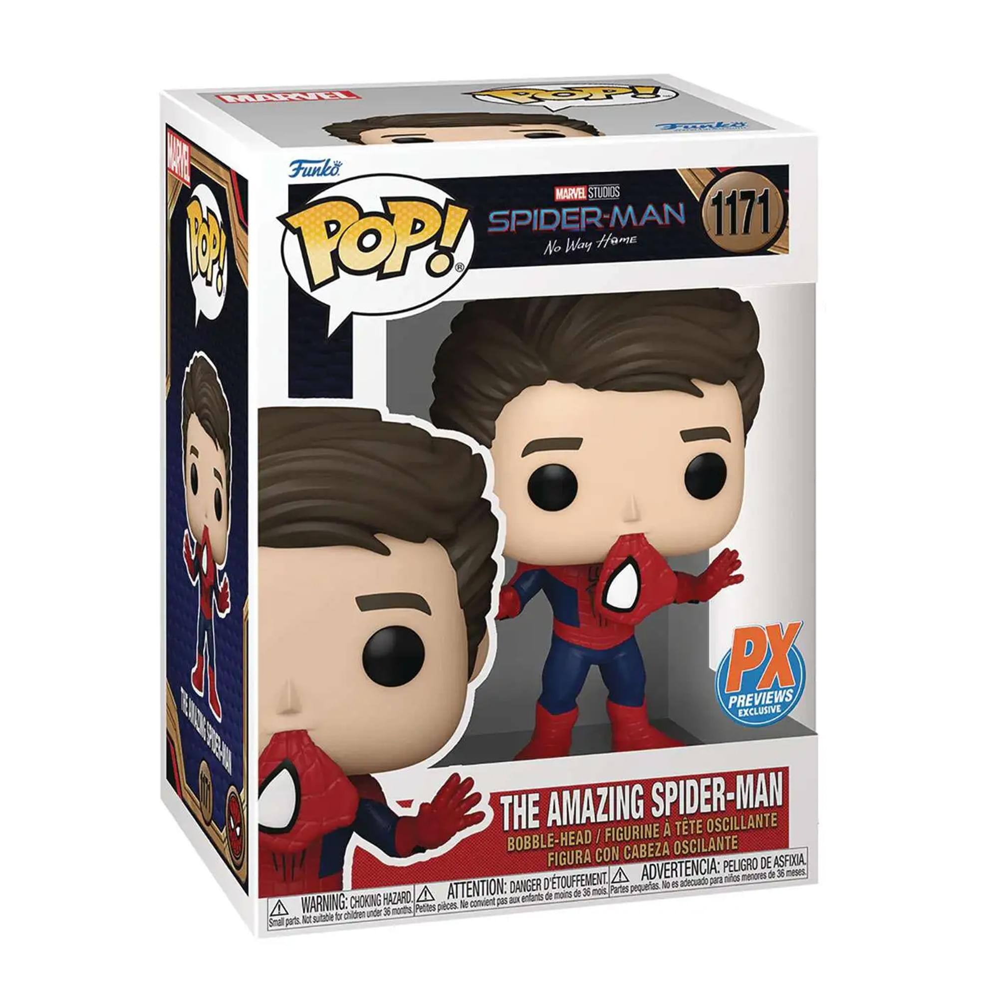 Sure, here is the corrected and grouped text from the image:

---

**Front:**
- MARVEL STUDIOS
- SPIDER-MAN
- No Way Home
- 1171
- THE AMAZING SPIDER-MAN
- BOBBLE-HEAD / FIGURINE À TÊTE OSCILLANTE
- FIGURA CON CABEZA OSCILANTE
- PX PREVIEWS EXCLUSIVE

**Side:**
- WARNING: CHOKING HAZARD - Small parts. Not for children under 3 years.
- ATTENTION: PELIGRO - Piezas pequeñas. No es adecuado para menores de 3 años.
- ADVERTENCIA: PEUIGRÓ - Peuques pessetes. No convient per menors de 3 ans.

**Bottom:**
- WARNING: CHOKING HAZARD - Small parts. Not for children under 3 years.
- ATTENTION: PELIGRO - Piezas pequeñas. No es adecuado para menores de 3 años.
- ADVERTENCIA: PEUIGRÓ - Peuques pessetes. No convient per menors de 3 ans.

**Top:**
