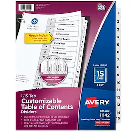 Avery - Ready Index Table of Contents Paper Dividers, 1-15 Tabs - White