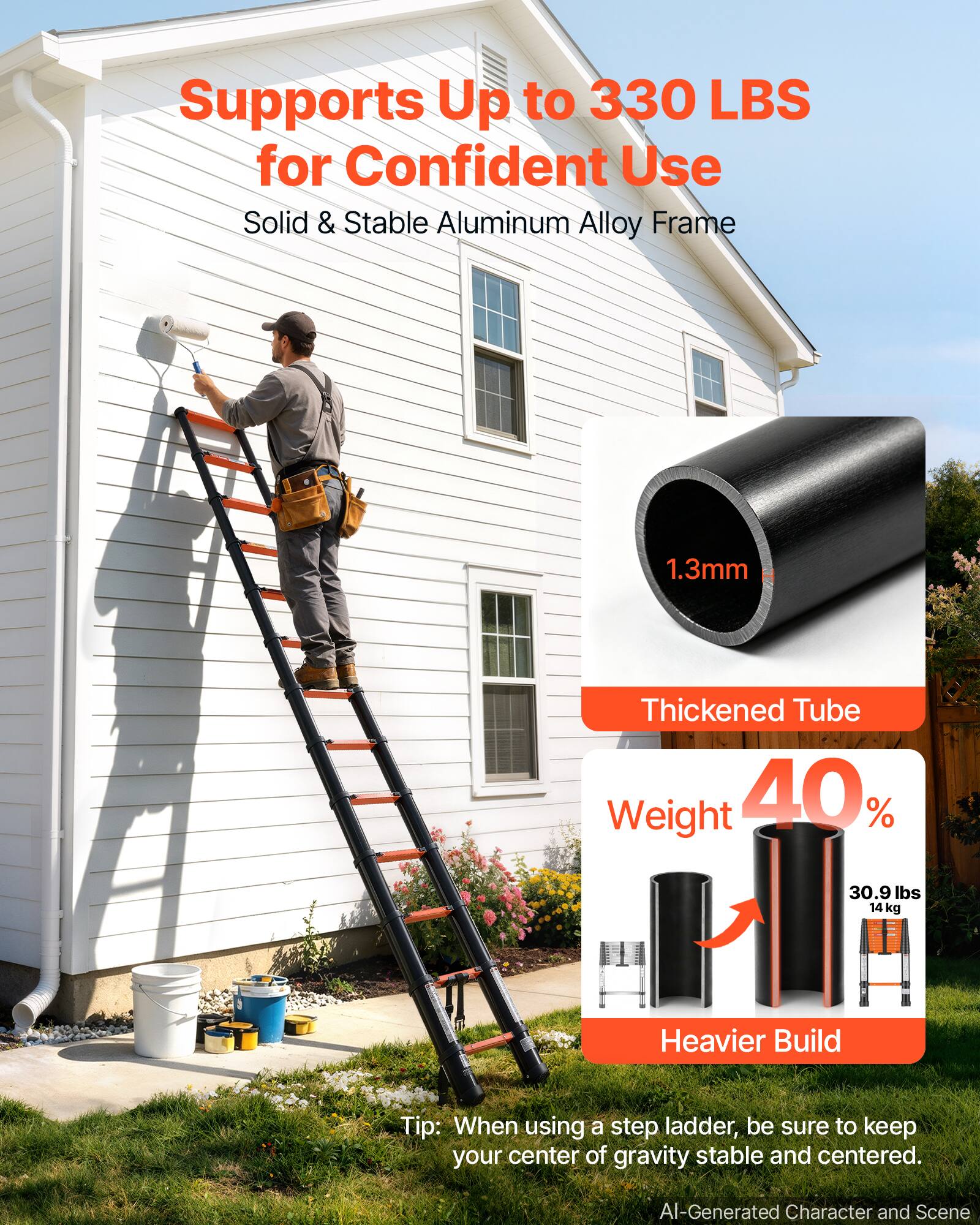 Supports Up to 330 LBS for Confident Use  
Solid & Stable Aluminum Alloy Frame  

1.3mm  
Thickened Tube  
Weight 40%  
30.9 lbs 14kg  
Heavier Build  

Tip: When using a step ladder, be sure to keep your center of gravity stable and centered.  

AI-Generated Character and Scene
