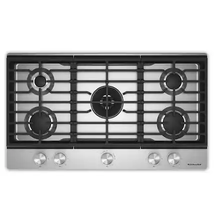 Front. KitchenAid - 36 in. Gas Cooktop with 5 Burners and Integrated Wok Grate - Stainless Steel.