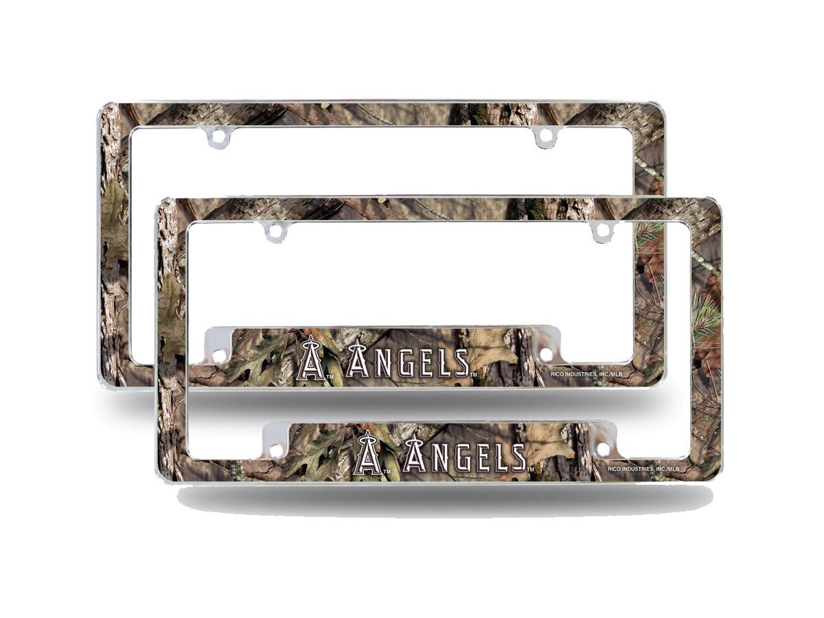 Los Angeles Angels Chrome Metal License Plate Frame with Bold Mossy Oak Camo Design - Set of 2 Frames