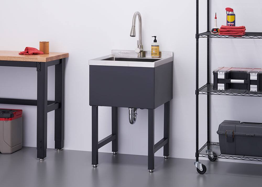 Left. TRINITY - Trinity Basics | 18x16x13 Basin | Stainless Steel Utility Sink | Nsf | w/ Pull-Out Faucet - Black.