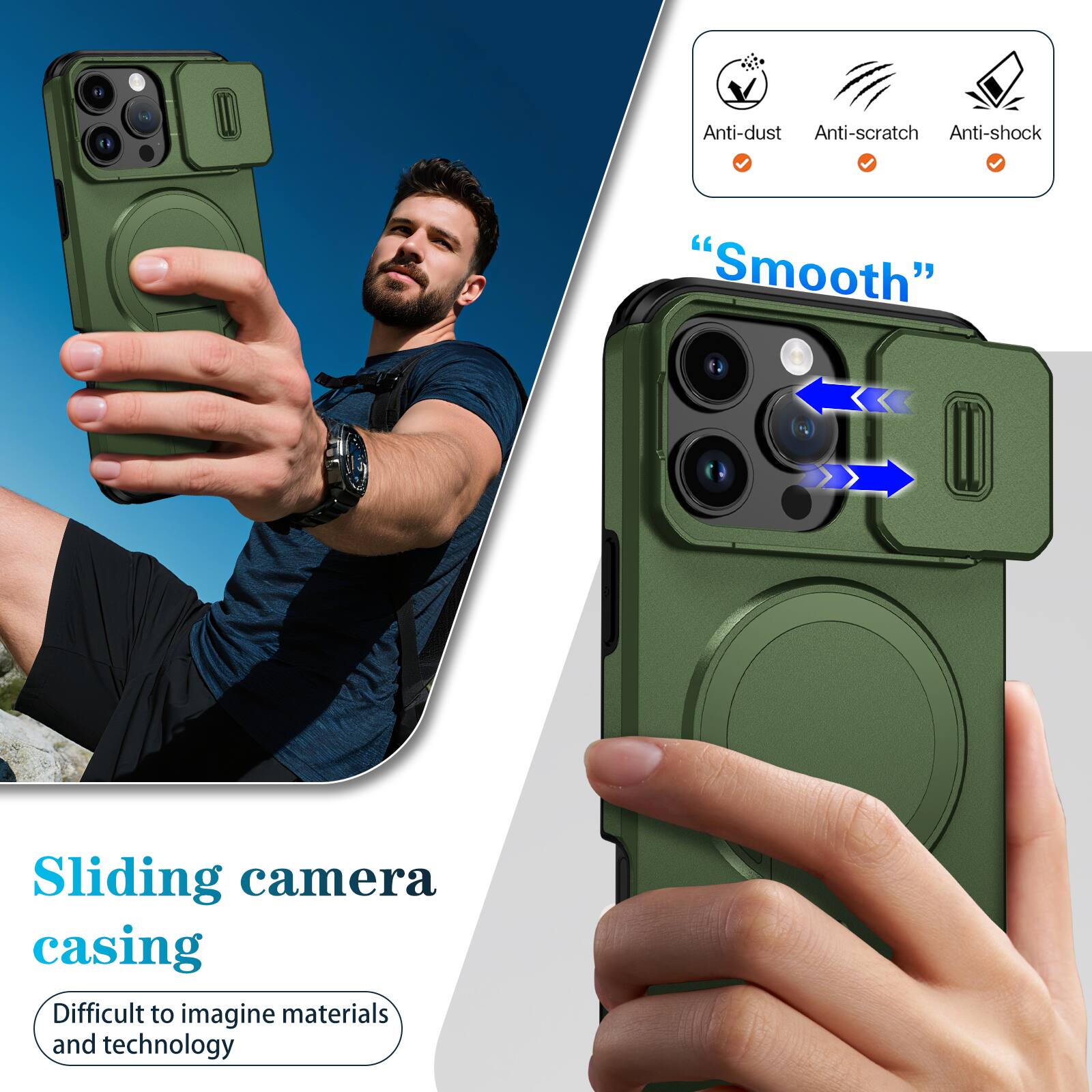 Anti-dust  
Anti-scratch  
Anti-shock  
"Smooth"  
Sliding camera casing  
Difficult to imagine materials and technology