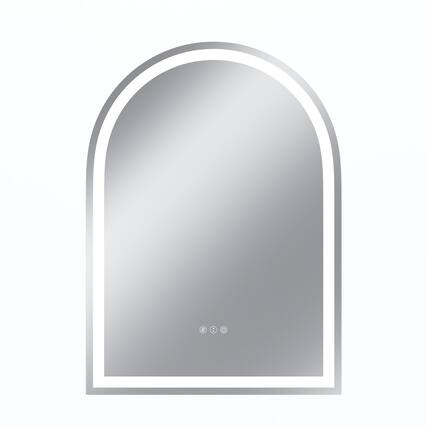 Front. Boyel Living - 28 x 38 in Rectangle Aluminum Frame Arched Mirror with Front Light and Anti-Distortion Glass.