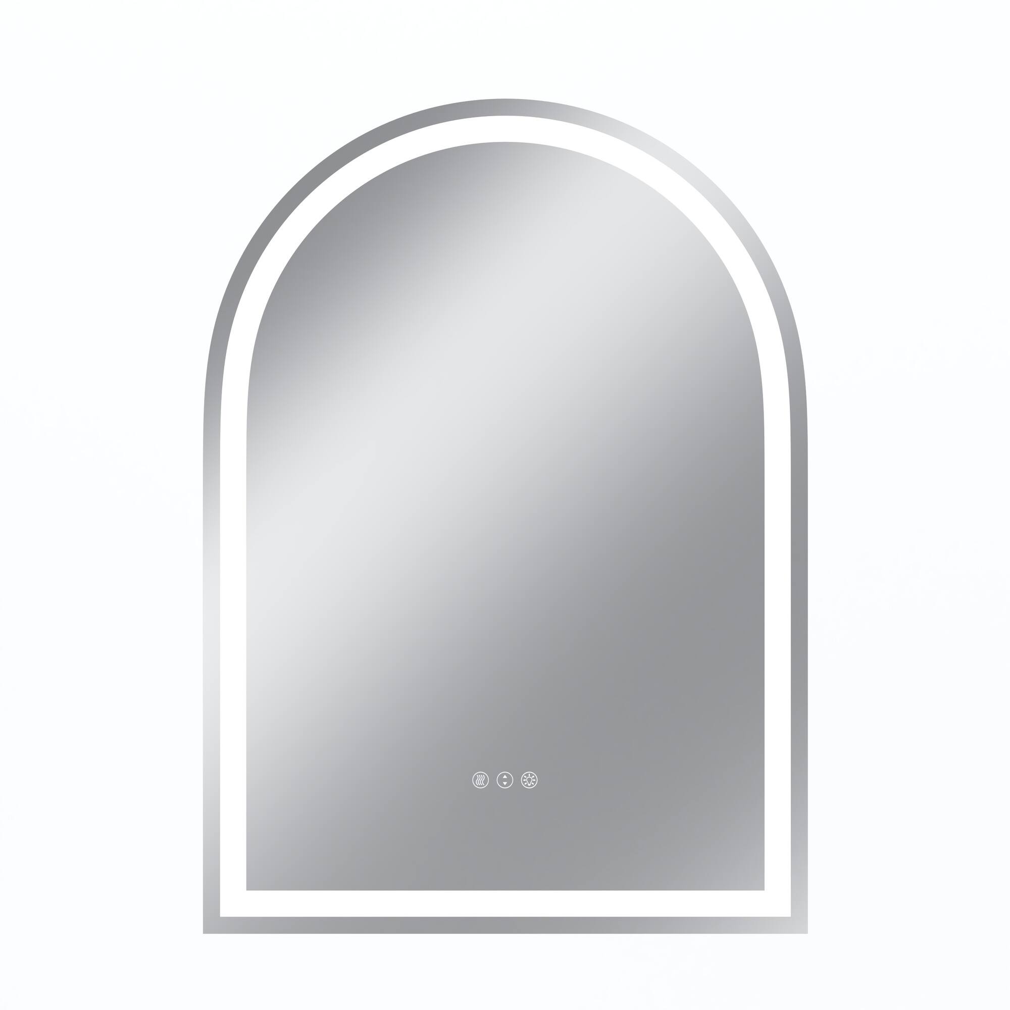 Front. Boyel Living - 28 x 38 in Rectangle Aluminum Frame Arched Mirror with Front Light and Anti-Distortion Glass.
