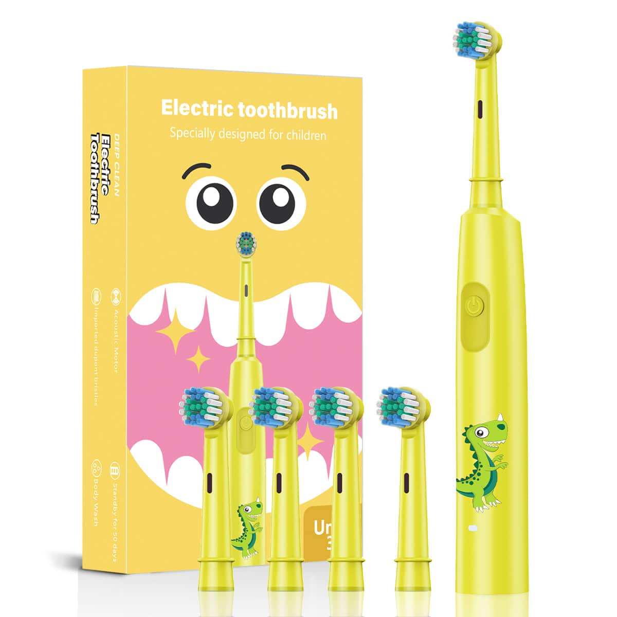 Cluzine - Kids Electric Toothbrush Set Sonic Rechargeable Soft Heads Rotary Electric Toothbrush for Kids Age 6-12 - Yellow